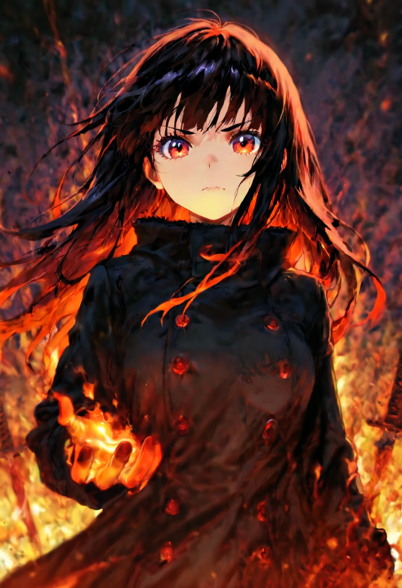An anime girl stands in a burning melted ground filled. She wears a cool long black coat and has very beautiful red eyes. afterglow trail. beautiful black hair with red inner color. flames are burning and it shines red. glowing extremely bright red. burning hands, serious expression. (with a battlefield drawn in the background), great detail, amazing quality,