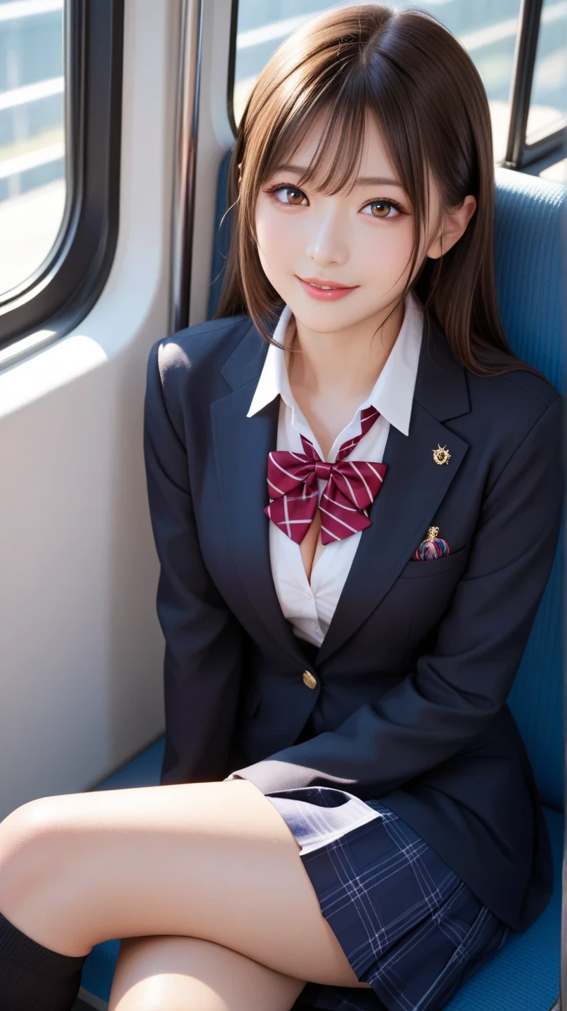 highest quality, masterpiece, 8K, 超A high resolution, (Photoreal:1.4), 1 girl、beautiful face、symmetrical eyes、Huge 、perfect body proportions、stewardess uniform、ruffle skirt、look at the audience、(Inside the plane:1.2)、View from the front、shoulder、angle from below、view from below、Thigh emphasis、cleavage、seductive pose、pink lace panties
