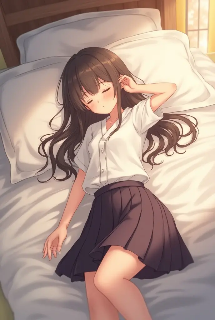 masterpiece, Highest quality, A scene from a movie, Photographed from the front, White sheets, (Midnight Bedroom),, beautiful girl, (Lying, ), , ((Red cheeks)), ((Very detailed)), (8k), Highest quality, (beautiful), beautiful girl, Detailed eyes , (Droopy eyes,eyelash), high school student, , beautiful, Beautiful face, ((Embarrassed expression, joy, joy)), Slender body, ((Mid-chest, Beautiful breastsのライン, )), Medium Hair, (Brown Hair, Wet), whole body, (Sweat, blush, ), Beautiful breasts, (White shirt, See through, Short sleeve, ),Pleated skirt, Lying in bed, White sheets,pillow, My heart is pounding, First experience night, Waiting for a boyfriend、 doing something very embarrassing, was happy, Sexy look, ((Breathtaking, joy)), Sexy pose, The climax, Expressions of joy, Sexy beautiful girl, erotic, Breathtaking, trembling,