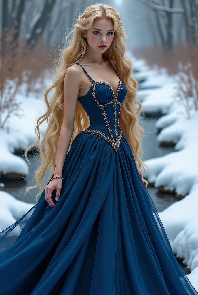 Long Hair, Blonde Hair, Very Long Hair, Best Quality, High Resolution, Masterpiece, Super Detailed, Wavy Hair, Bright Pupils,Hyperrealism, gown , dark blue colors, beautiful girl , background snow covered with river of blood ,