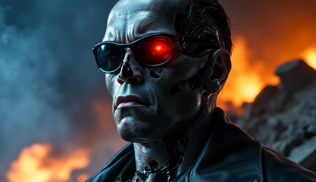 A highly cinematic, ultra-detailed close-up of T-800’s battle-worn face, capturing his legendary presence with dramatic lighting and intense realism. His cold, expressionless face is partially damaged, revealing the menacing red glow of his cybernetic endoskeleton beneath torn synthetic skin. His iconic black sunglasses remain intact, reflecting the fiery destruction in the background. The rough texture of his weathered leather jacket is visible, with small tears and scratches from battle.
The lighting is moody and high-contrast, with a cool blue light illuminating one side of his face while a warm, fiery orange glow from burning wreckage highlights the other. His steel jawline and chiseled features exude an unstoppable, machine-like intensity. A faint stream of smoke drifts through the air, adding to the dark, post-apocalyptic aesthetic.
The camera focuses tightly on his face, making the details of his synthetic skin, metallic skull, and glowing red eye hyper-realistic. His stoic, emotionless presence radiates raw power, evoking the fearsome dominance of the Terminator franchise.