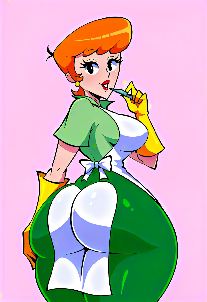 (((1girl))), beautiful, full body,small breasts, lipstick, makeup, red hair, gloves, green pants, white apron, green shirt, high heels,mascara, curvy, thick thighs, earrings, standing, big ass, kitchen, dextersmom, <lora:dextersmom4:0.6>,