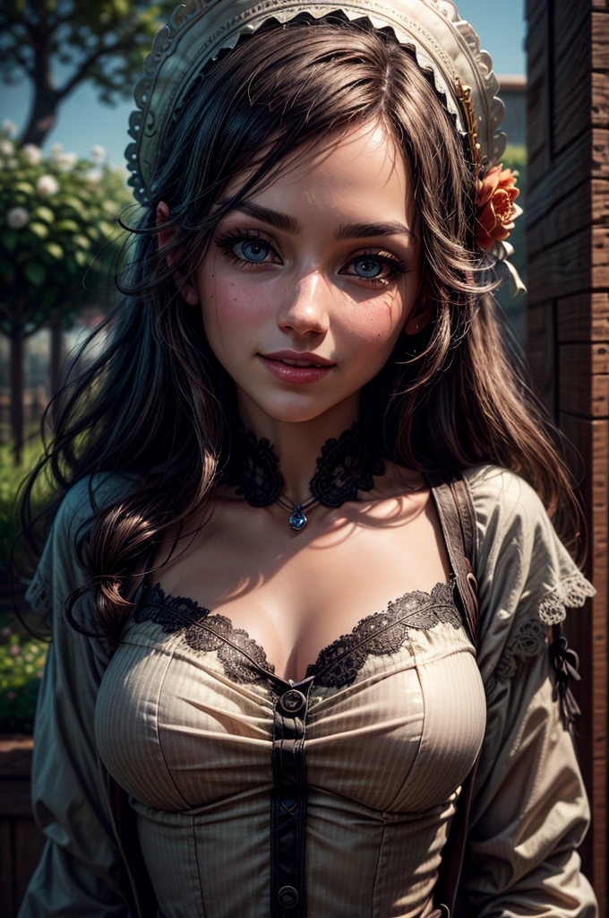 masterpiece, oil painting of Brec Bassinger as a peasant girl, 8K, 1 girl, realistic oil painting, pretty face, Gesicht von Guinwen, beautifully detailed eyes, sehr detailliert, black Haar, blonde Haare, graue Augen, sichtbare Taille, large breasts, huge breasts, Haaransatz, dancing in the spring, medieval, Portrait, harbour in the background, cages, full body, ((oil painting)), huge cleavage