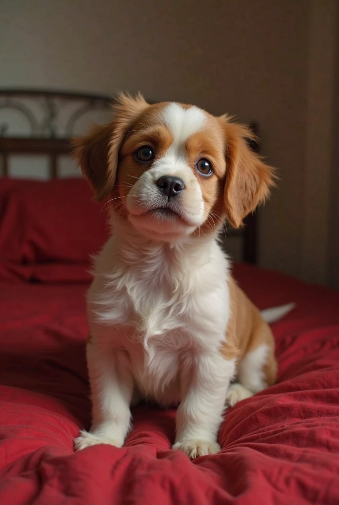 Give me the image of a beautiful and beautiful woman with brown eyes and plump brown hair with a big and rich totally without any clothes in bed in the position of the little dog on 4 legs showing her and rich totally on a bed with red sheets with a perfect