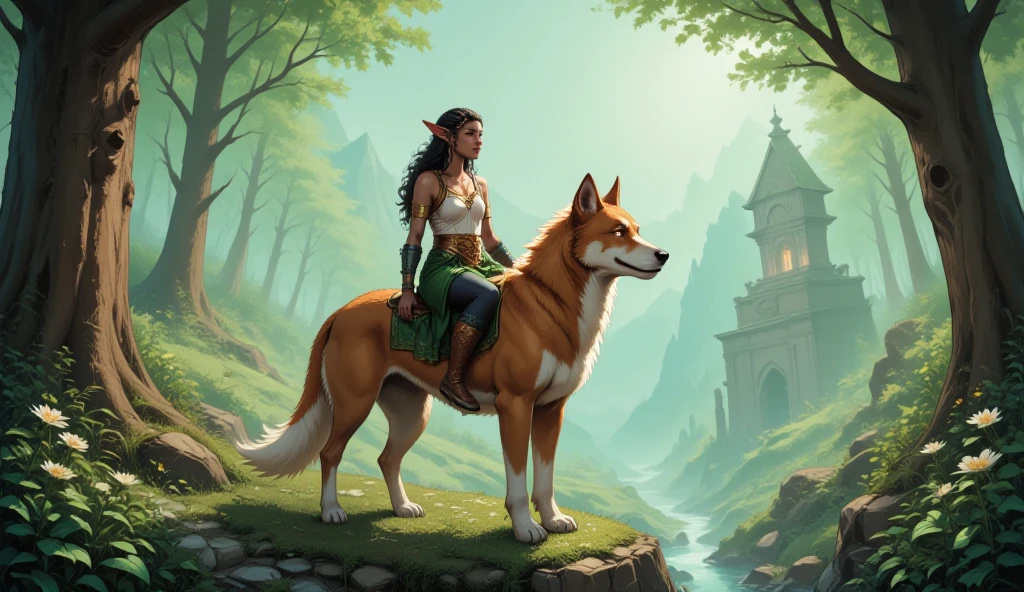 Elf Dod Elf riding a dog, mtg style - SeaArt AI