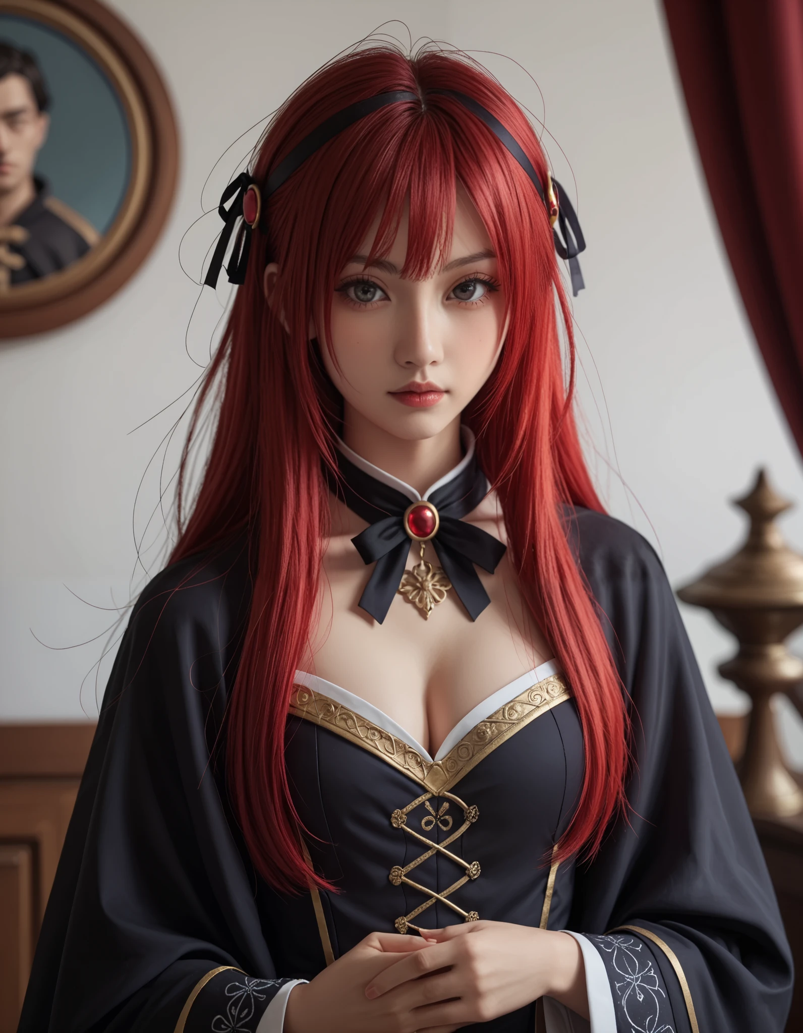 score_9, score_8_up, score_7_up,high quality,1 Japanese Girl, gothic atmosphere , (wizard:1.5),ribbons ,( upper body:1.5), chest ,(red hair:1.5), from the front、Wear a black magician robe with gold embroidery、medieval interior、wizardの服
