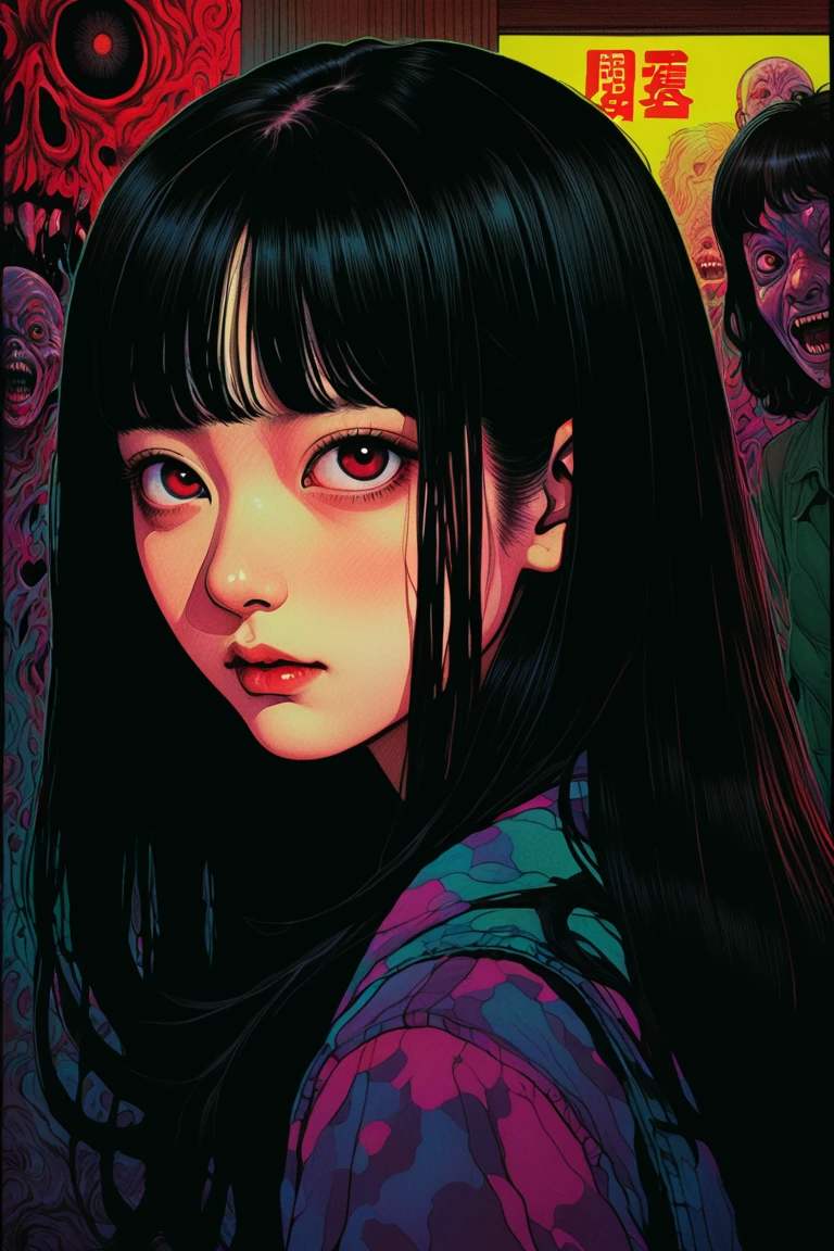 illust、art、from 80s horror movie, directed by Junji Ito、Severed Head、high detail, realsitic shadow、Analog style, vhs style, 8mm film, chromatic aberration, Dvd screengrab、Surrealism