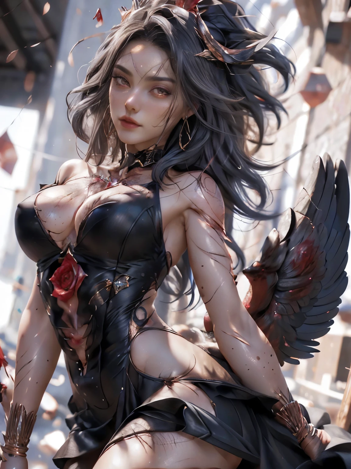 Best Quality, 1Girl, Solo, Long hair, Black dress, looking up at viewer, upper half body, Gray hair, roses in hair, blood red eyes, no stretcherhighly detailed body,highly detailed (((Realistic))), stylish pose, ((Highly detailed skin: 1.2)), ((Realistic: 1.9)), Photos, masterpieces, top quality, white skin, thick body, lower abdomen bristles, perfect slim figure), various poses, ultra-detailed face, detailed eyes, quality ), show nipples in medium breasts, show vagina,, spread legs.
