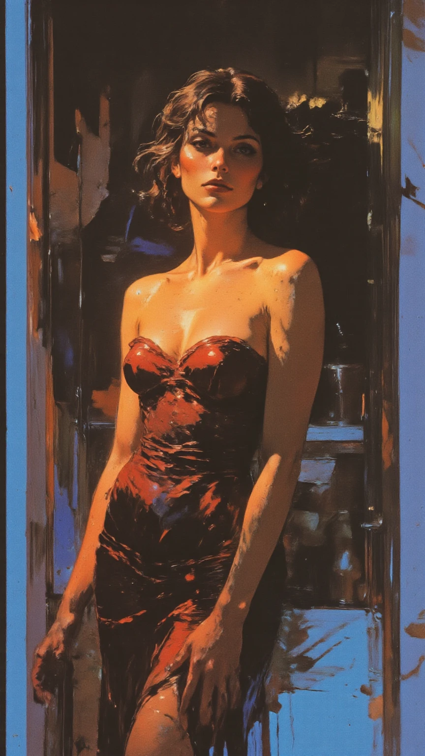 sexy girl, next to a large window overlooking a big city, night, sadness, melancholy, sexy,(art inspired in Bill Sienkiewicz). oil painting)
