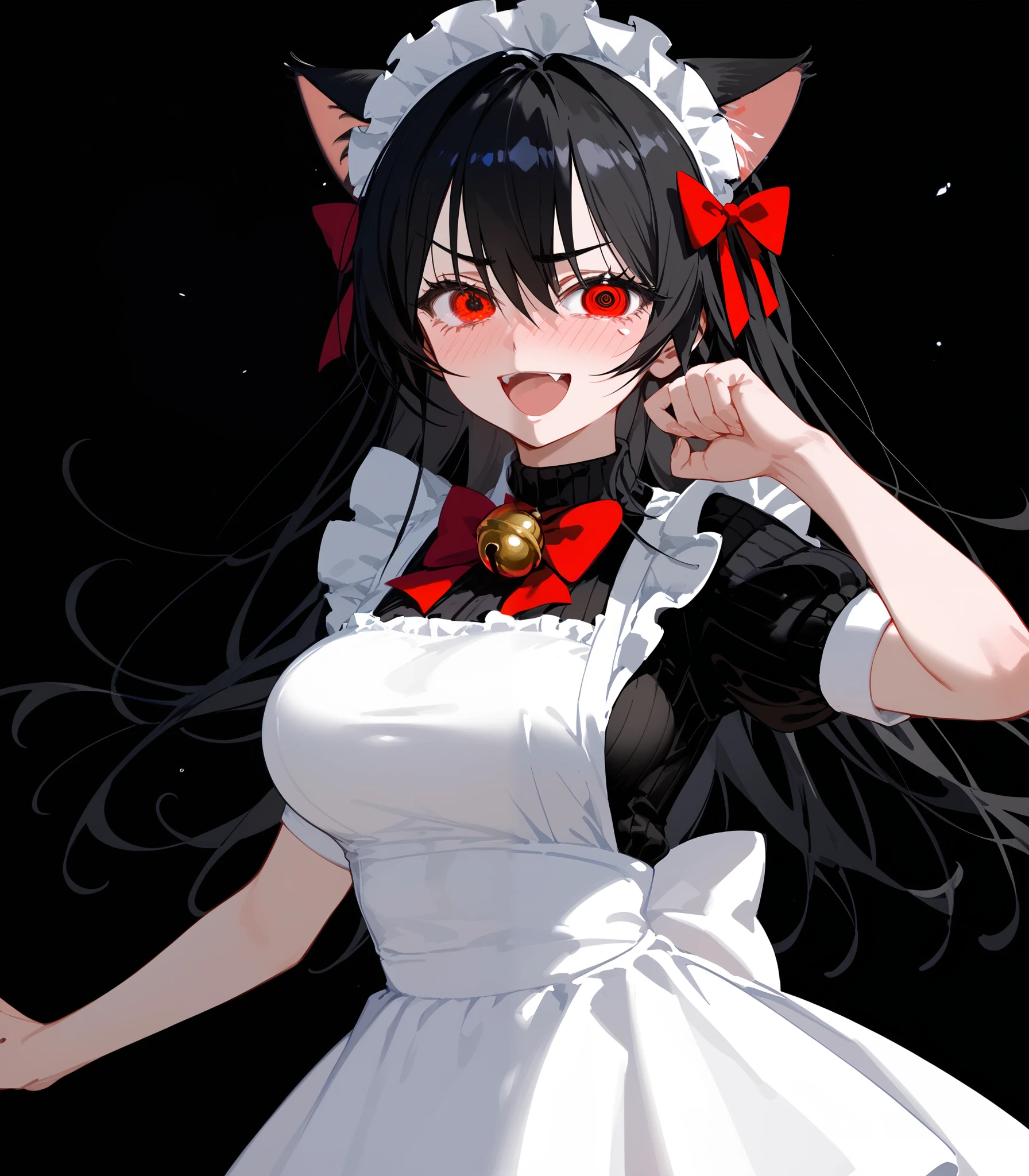girl, Tomboy, black hair, in red eyes , long hair,Fierce face,fit, Slim , dark edges,student,big breasts,Sharp eyes,Maid Cafe Set,Cat ears,, shy ,,standing,I'm so embarrassed.,Shy, turtleneck ,fit,Open your mouth,shout,Red bow, short-sleeved shirt ,smile,black background,bell,
