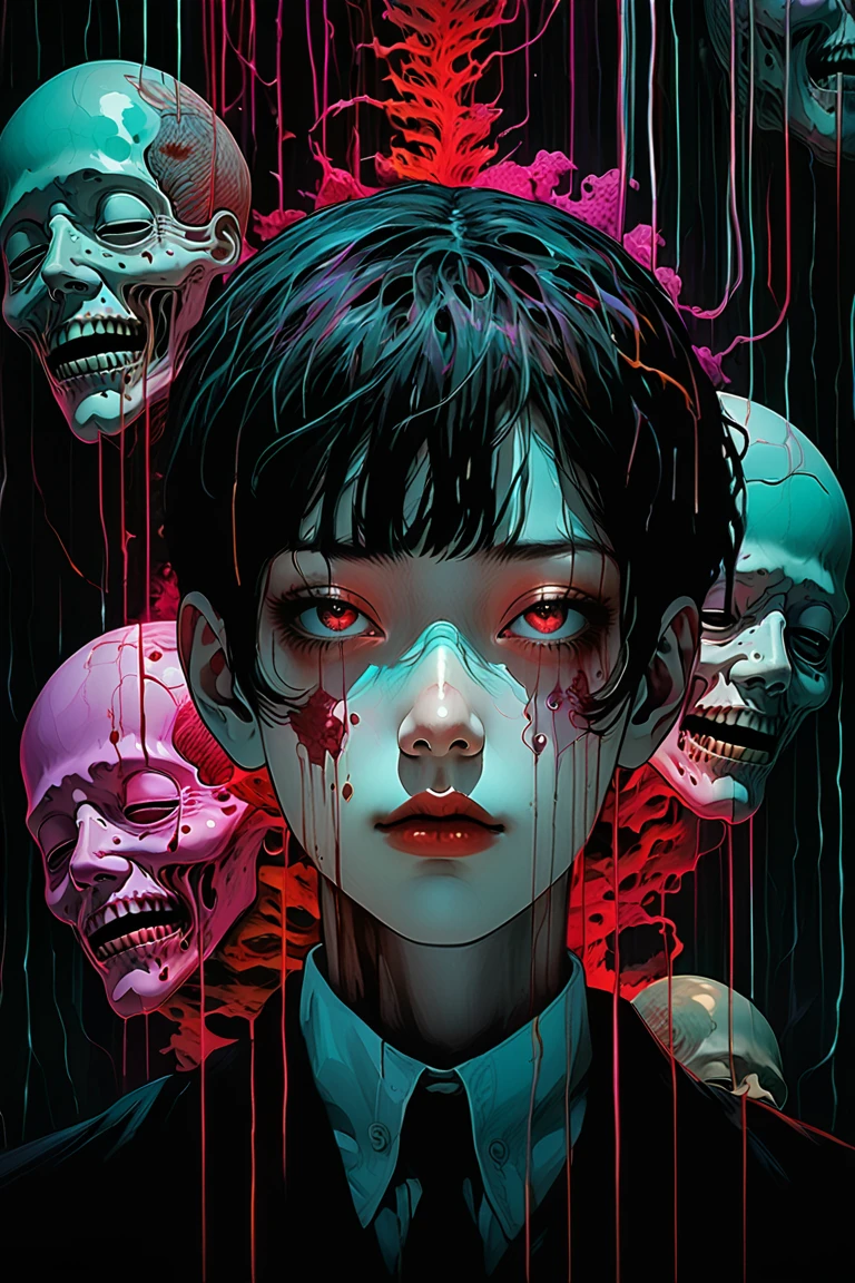 An illustration、art、80s Thai horror movie poster, Supervised by Junji Ito、High 、Attention to detail, Realistic Shadows、Analog Style, chromatic aberration, Surrealism、Complementary Gradient
