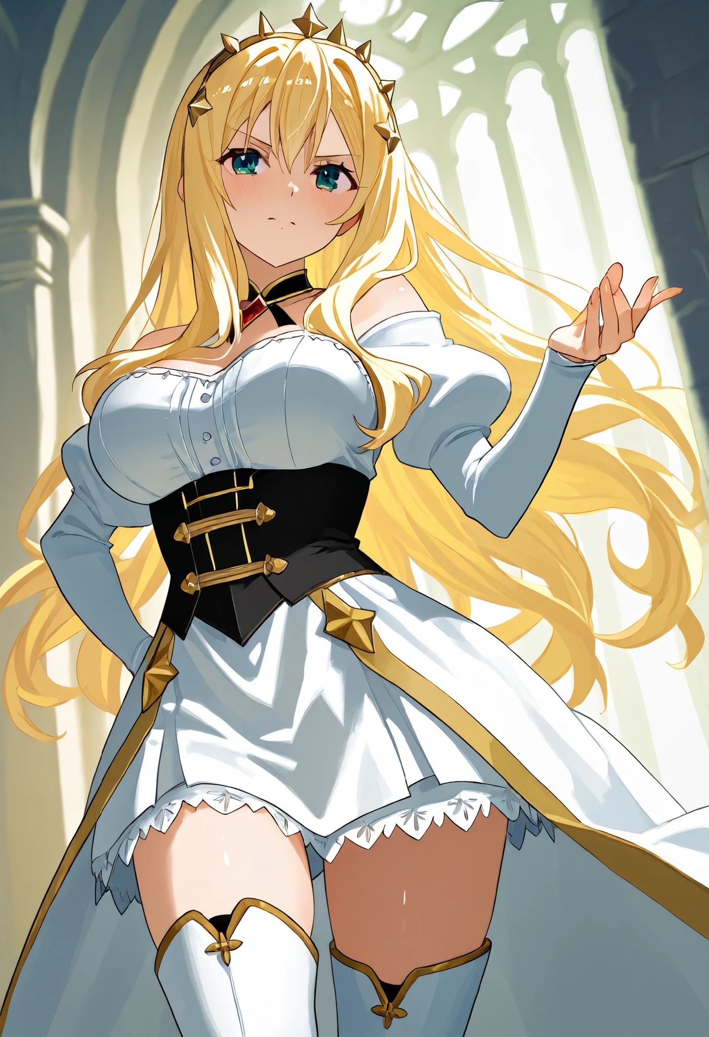celistia_ralgris, in a castle, medieval princess, white dress, white boots, whte thigh boots, fantasy outtfit, elegant pose, elegant, dominant, confident, underbust with a humiliating face, dutch angle, cowboy shot, perfect eyes, perfect body