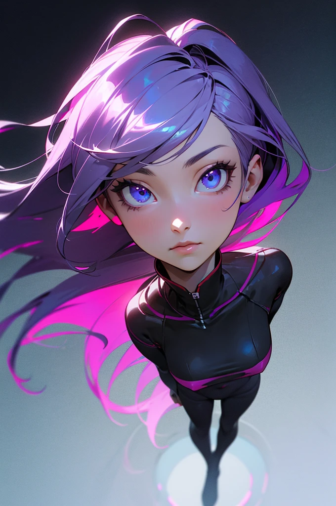 melancholy lighting, quiet, calm, brightness, masterpiece, best quality, 1girl, (JinxLol:1.2), (ultra photorealistic:1.3), (masterpiece:1.4), best quality, ((realistic)), high quality, ultra detailed, ((real image)), ((realistic skin)), ((realistic face)),(illustration:1.05), (beautiful:1.05), (beautiful detailed eyes:1.05), (cinematic light:1.1), purple and pink in the detacks, perfect whole body, slender silhouette, thin, small breasts, thick thighs, black and blue clothing, White Tennis