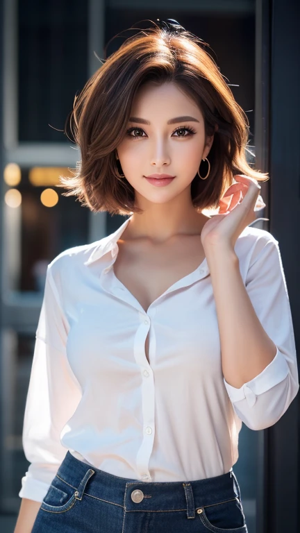 ((A 27-year-old elegant lady gets naked in the office.) (16K), (Best Quality: 1.2), (Realistic), (Photorealistic: 1.37), Ultra Detailed, Professional Lighting, Lev Edition, ((Wearing a plummeted open shirt of thin white silk (so fabric: 1.5.) Elegant and elegant beauty, ((layer cut, short hair)), elegant smile,