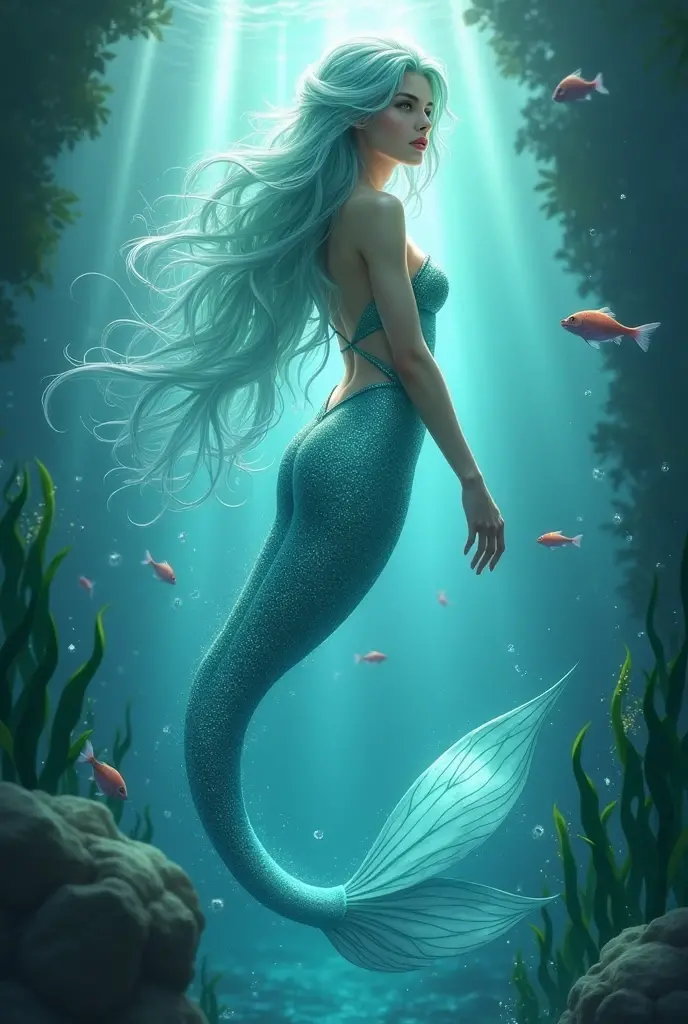 A lionfish mermaid with calico white hair, a long, beautiful tail that resembles a lion fish with the lion fish spikes through the back of her tail and beautiful fins; anime style