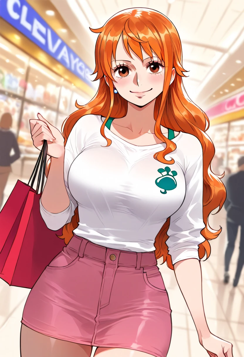 1girl,nami,one piece,mall,shopping,dutch angle,smiling,clevage,blur background,masterpiece,best quality,