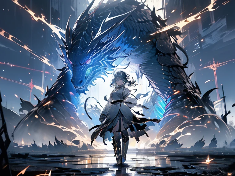 Rise Up。Flying in the sky。blue glowing oriental dragon。Night Sky。Lightning strikes。rain。