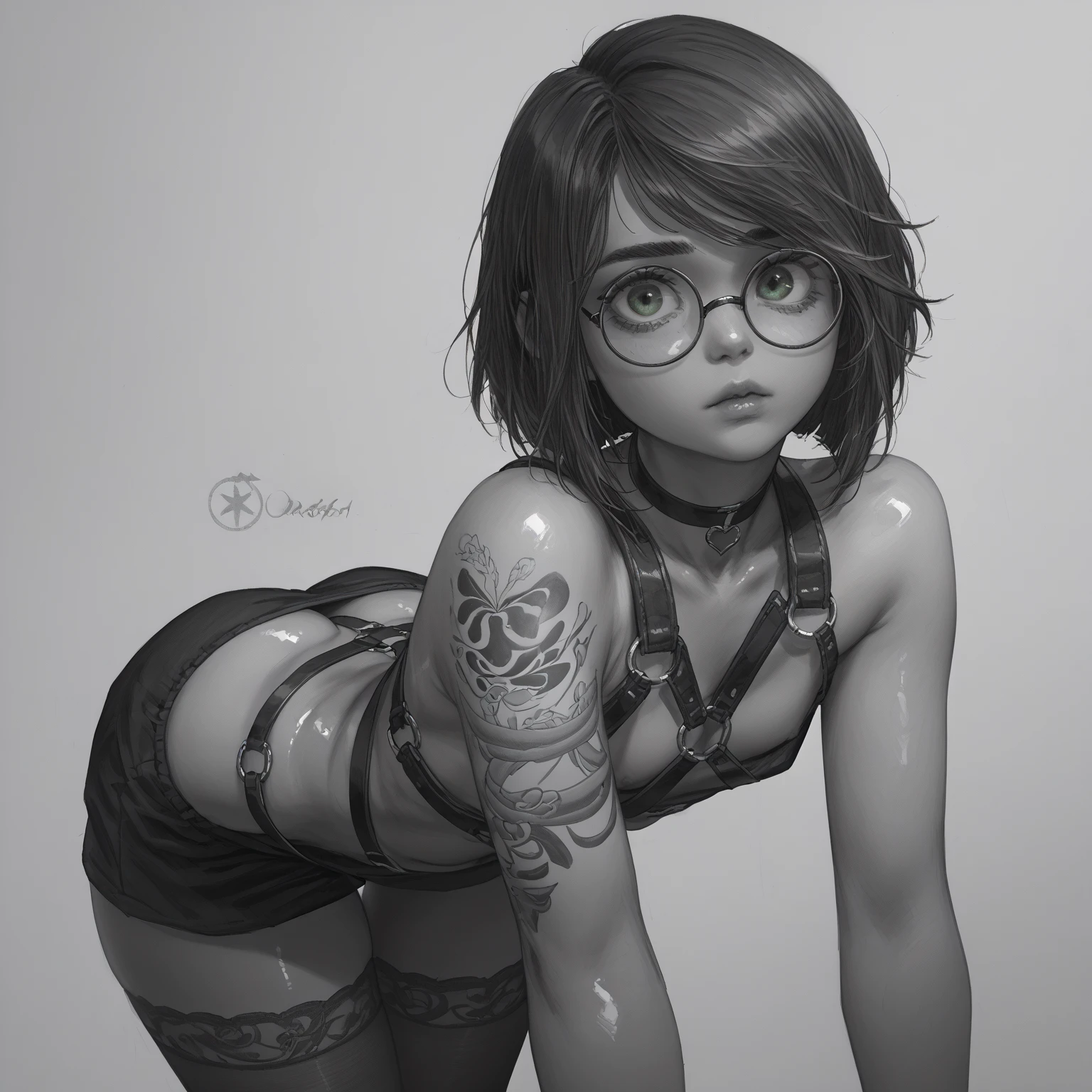 nsfw,naked, nude, , very dark skin, classical,masterpiece, best quality, 1girl, solo, choker, (graffiti:1.5), arms behind back, against wall, looking at viewer, multicolored hair, pigtails, glasses