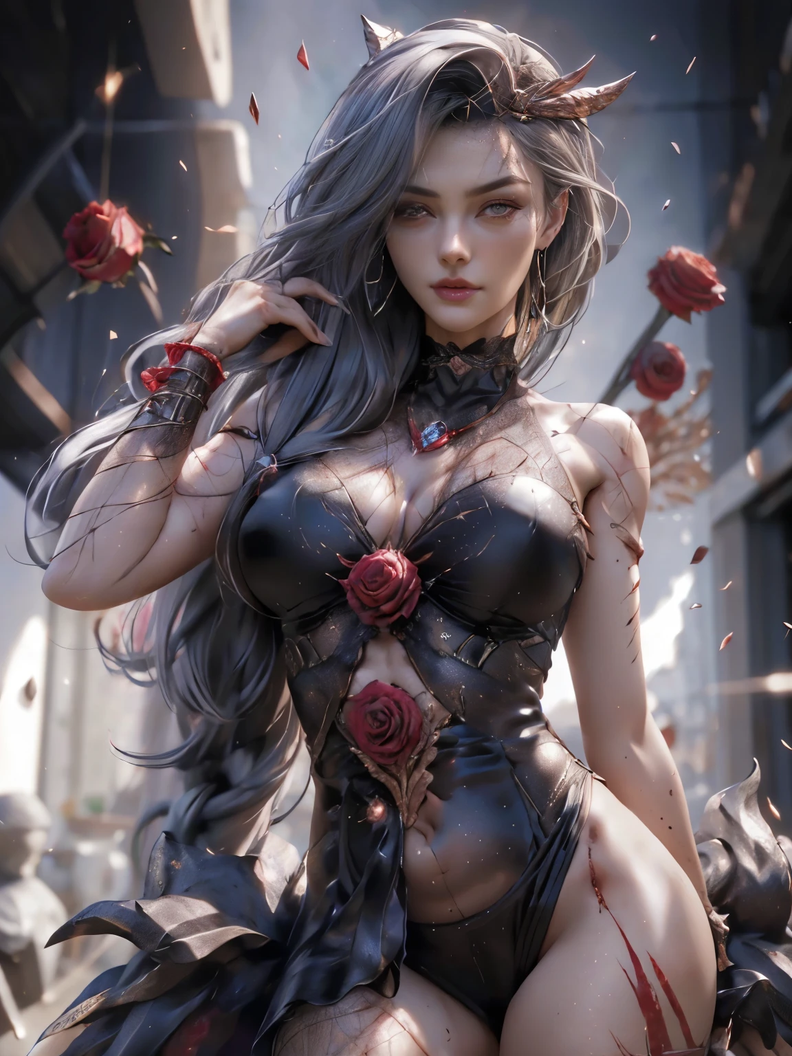 Best Quality, 1Girl, Solo, Long hair, Black dress, looking up at viewer, upper half body, Gray hair, roses in hair, blood red eyes, no stretcherhighly detailed body,highly detailed (((Realistic))), stylish pose, ((Highly detailed skin: 1.2)), ((Realistic: 1.9)), Photos, masterpieces, top quality, white skin, thick body, lower abdomen bristles, perfect slim figure), various poses, ultra-detailed face, detailed eyes, quality ), show nipples in medium breasts, show vagina,, spread legs.