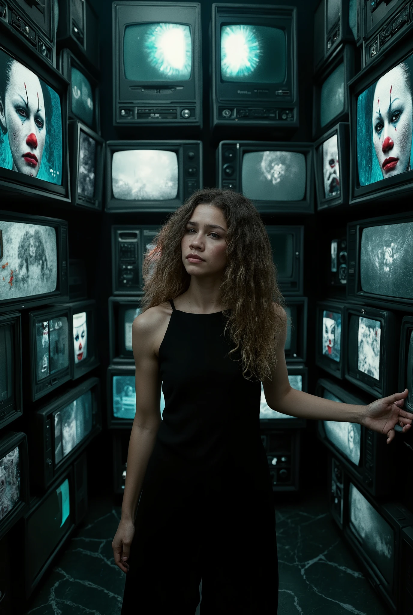 A **brunette woman in full SAD CLOWN makeup stands in front of a massive wall of old CRT televisions**, each screen **flickering with grainy VHS visuals of herself, looping endlessly as she sobs and applies more makeup**. Her **long, dark hair clings to her damp face, tangled from her breakdown**, her **red-rimmed, swollen eyes staring at her own reflection on the screens**, watching herself in **real-time and in fragmented, glitched-out frames behind her**. Her **shaking hands drag thick black paint around her already-smudged eyes**, her **overdrawn red lips trembling as she tries to reapply the color, only for tears to streak it further down her chin**. The **old TVs flicker erratically, some freezing on frames of her broken expression, others rewinding and repeating the moment she first started crying, making her grief feel eternal, trapped in analog distortion**. The **black marble walls reflect ghostly, fragmented glimpses of the crying woman and the chaotic screens**, warping her **image as if she exists in multiple realities at once, unable to escape her own reflection**. The **sound of VHS static hums in the air, overlapping with the wet, uneven breaths escaping her trembling lips**, the **occasional distortion warping her voice as if the TVs themselves are mocking her pain**. Her **posture is tense, rigid, as if she knows she is being watched—not just by the screens, but by something beyond them**, her **own image staring back at her with an intensity that feels almost sentient**. The **scene is hypnotic, surreal, and deeply unsettling—a high-fashion, psychological horror moment where beauty, despair, and digital decay merge into one, trapping her in an endless loop of self-destruction**. **Luxury noir surrealism, hyper-detailed glitchy VHS effects, eerie psychological horror aesthetic, deep cinematic lighting, ultra-high resolution, 4K.**