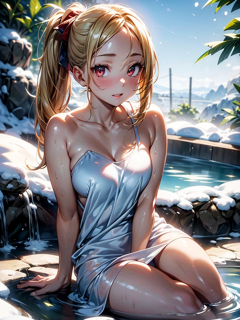 Dungeon ni deai wo motomeru no wa machigatteiru darou ka, Pointy ears, Towels, 1girll, Solo, letterboxed, Wet, Star \(sky\), Night, Sitting, naked towel, Blonde hair, 鎖骨, Sparkle, Starry sky, Blue eyes, view the viewer, hair between eye, elf, water, tree, Breasts, Onsen, steams, Short hair, Green hair,surcouf
