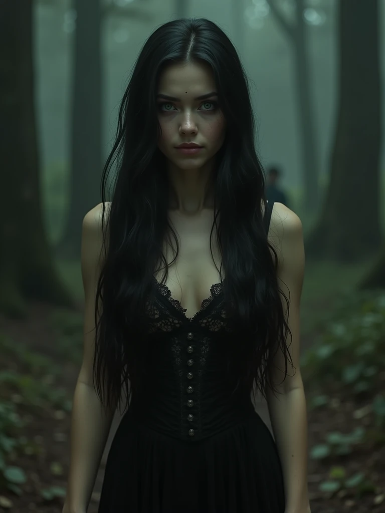 Fashionable of androgynous alien looking witch, glowing eyes, beautiful evil slavic muscular woman, pale skin, long light brown hair, light smile, futuristic design, minimal details, givenchy, photoreal, 200mm, hd, f/ 2.0, sitting in a gloomy spruce forest, highly detailed, surreal , drop dead, in the style of red and blue, (intricate details, hyperdetailed:1.15) (skin texture:1.2), cinematic, professional, 4k, (((dynamic model pose))), full body, mesmerizing, dynamic, dramatic, sensual, dynamic pose, highly detailed skin with hair, subcutaneous veins, light and shadow play, highly detailed,24mm photograph, film, bokeh, professional, 4k,