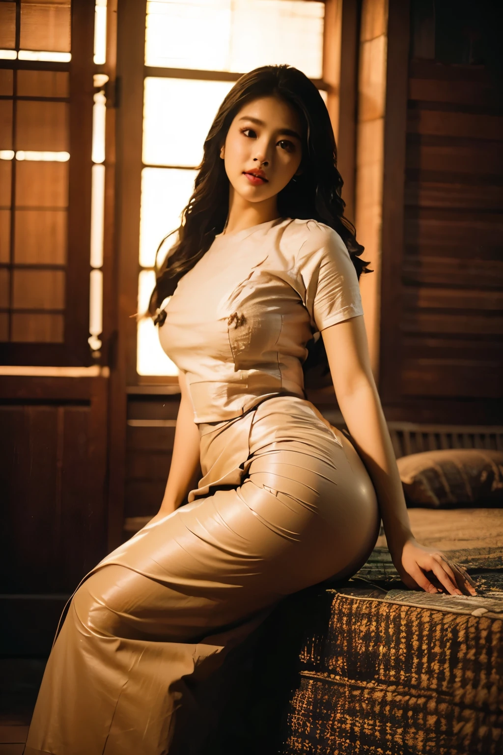 best quality, 4k, highres, masterpiece:1.2), (ultra-detailed, photo-realistic:1.37), ((show full-body)), ((80s style)), cinematic lighting, 1 girl, Myanmar, very cute, slim athletic body, realistic, professional photography, small breasts, beautiful detailed brown eyes, dark brown hair, wet transparent see-through blouse, nipples can be seen through blouse, swollen and pointed nipples, B cup size boot, sexy face, sitting position, over the shoulder look, background is Mandalay, Myanmar, Shwedagon Rangoon, Yangon