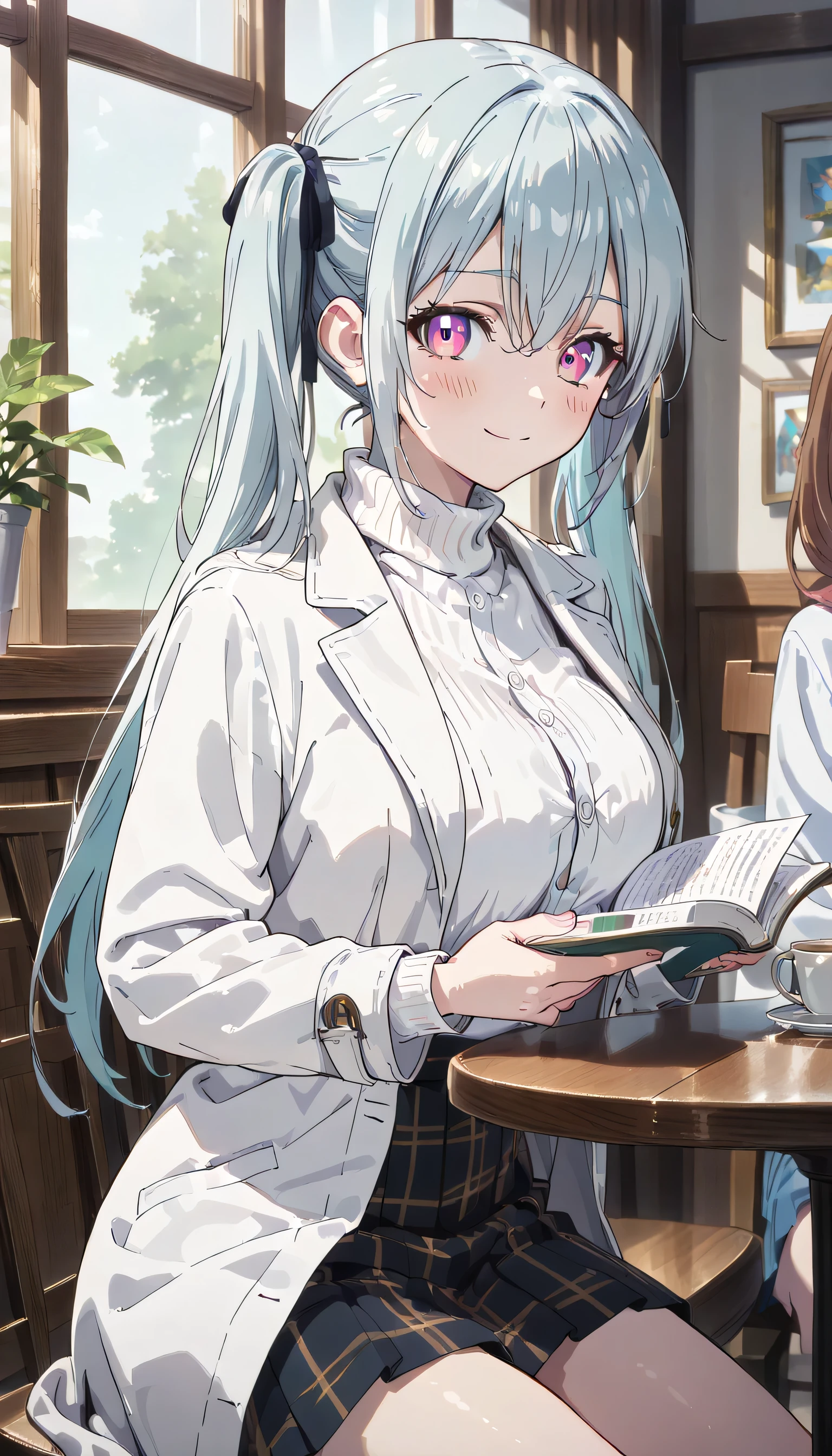 ((ultra-detailed)), (highly detailed CG illustration), (best quality:1.2), ultra-highly detailed, colorful composition, artistic photoshoot, 1girl, solo focus, ((thigh to top:1.4)), ((cowboy shot:1.4)), moe anime character, super popular super idol, girl, dainty facial structure, (bab(round face), ((rounded chin:1.2)), ((ideal ratio body proportions)), celia-default, celia claire, blue eyes, sparkle eyes, ((wearing glasses)), ((glasses)), ((g-boston19A)), ((silver hair color)), ((two side up)), ample breast, ((camel coat)), pale white turtleneck sweater, light blue high-waist long skirt, ((delicious:1.4)), ((smile:1.4)), ((happy:1.4)), ((joyful:1.4)), puffy cheeks as eating, ((sit on the cafe terrace:1.4)), ((reading a novel:1.4)), from side, best quality, masterpiece, expecting, pink cheek, blush, light pink gloss slip, portrait, depth of field, poured sunlight, sidelighting, (shine), lighting, caustics, ray tracing, perfect face, lustrous skin, highly detailed face, highly detailed eyes, perfect face, perfect nose, perfect hair, perfect eyes, perfect anatomy, beautiful hair, beautiful small face, extremely detailed face, beautiful detailed eyes, beautiful clavicle, beautiful body, beautiful huge breasts, leavage, breasts squeezed together, equalize the size of the left and right breasts, beautiful thin thighs, beautiful legs, beautiful fingers, 4 fingers, 1 thumb, lovely, (very detailed background:1.0), (highly detailed background:1.0), intricate details, joyful atmosphere, colorful and sparkling colors palette, chromatic aberration