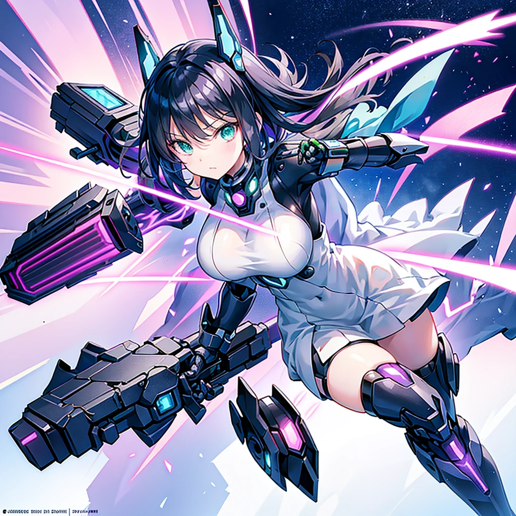 (((masterpiece))), (((best quality))), (((symmetry))), (((from below))), (((dual wielding twin buster rifle))), (((gatling gun))), (((colorful huge beam impact))), (((firing))), (((glowing))), (((power)), (((electricity))), ((purle mechanical wings)), ((purple qipao tight suit)), ((off shoulder)), miniskirt, ((leggings)), ((flying in space)), ((earth)), (((planet))), solo, 1girl, ((big tits)), black very long hair, hairclip, ribbon, open mouth, sweat, shy, blush, ((slim figure)), <lora:girllikebusterrifle:1>