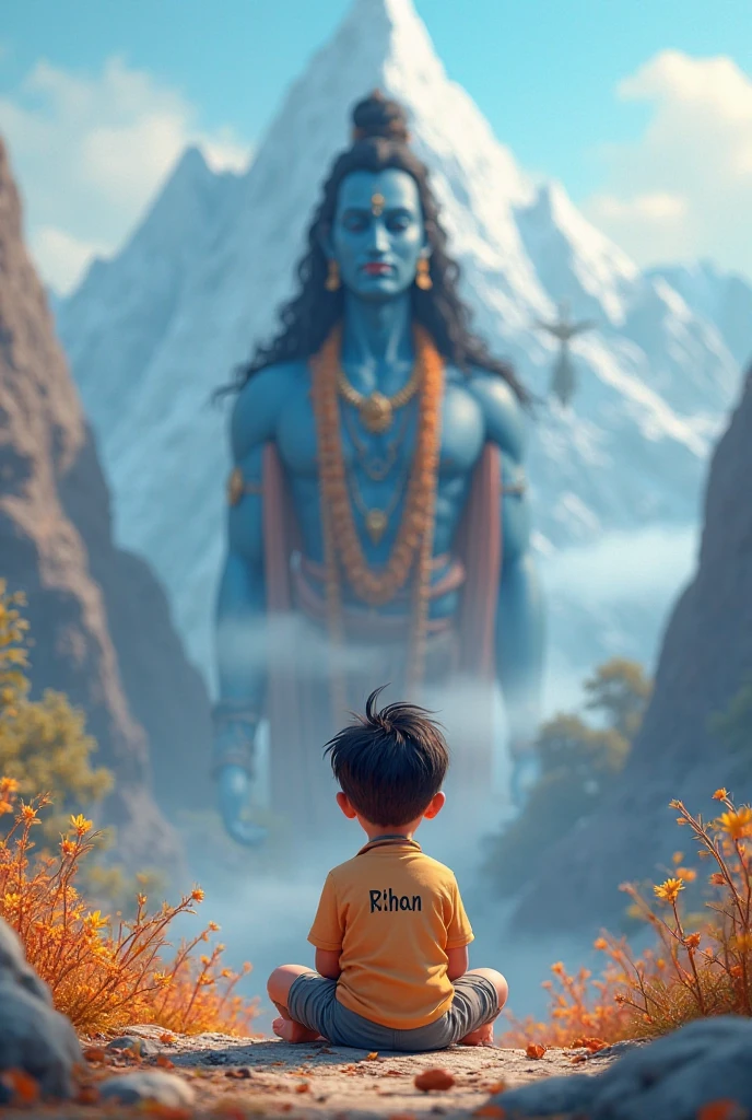 One boy worshipping lord krishn handsome look of god By sitting in front of him and written Aaditya in his yellow tshisrt in his back