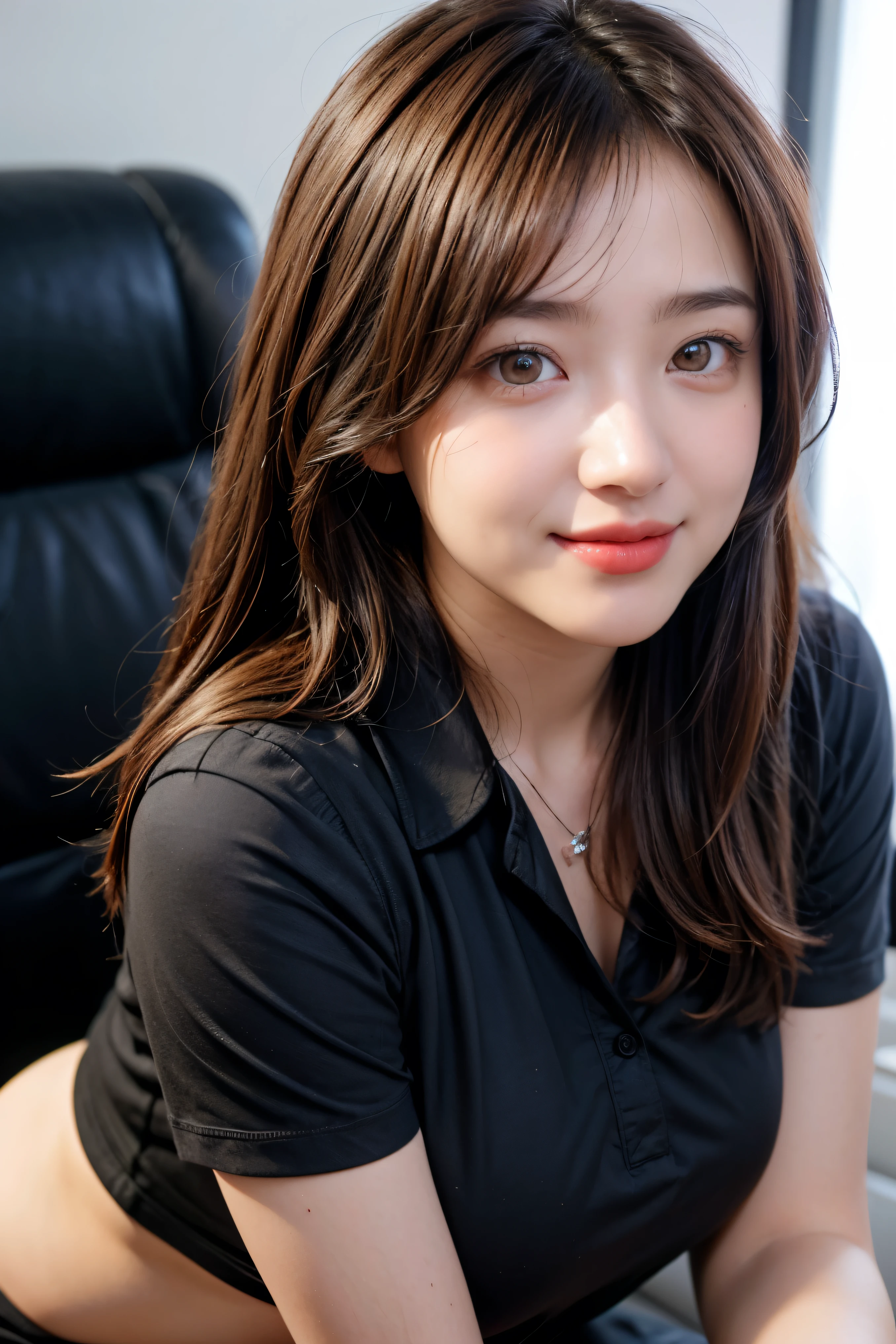 (RAW Photos), (Realistic), (masterpiece), (highest quality), High resolution, 8k, (Intricate details), (Volumetric Light), Portraiture, woman, Age 35, Medium Hair, Straight hair, Medium Chest, Accentuate your cleavage, Layered Hair, Brown Hair, Very beautiful eyes, Source order, Very thin eyebrows, Very fine skin, Very beautiful mouth, Very nice nose, Cute like an idol, smile, (Thick lips), (Looking at the audience), (black collared dress shirt), Above the knee shot,