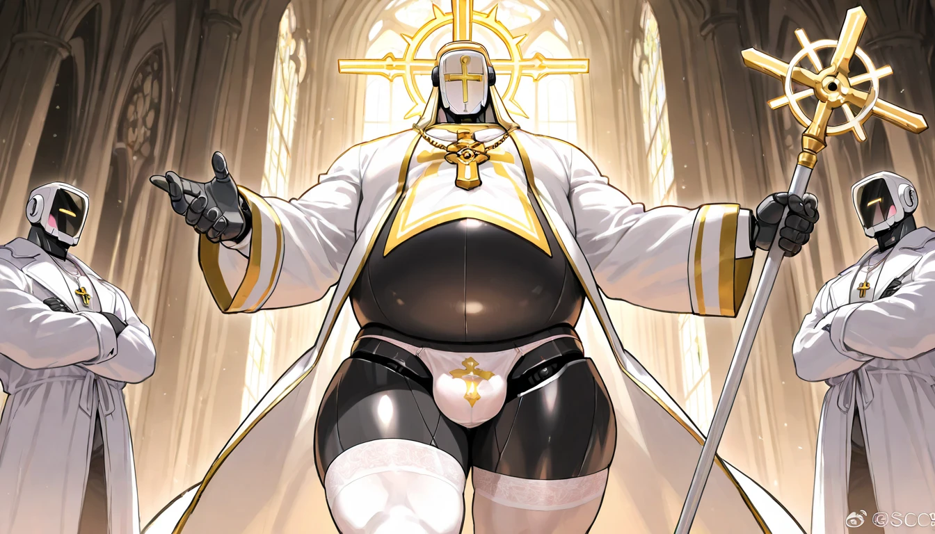 One person、Male hyena wearing white lace underwear、middle aged、Stubble、Skinhead、masterpiece、Highest quality、Sharp Eye、Lace fabric bra、Knee-high socks、garter belt、Long, thin tail、priest clothes、Inside the church、Rosary、Action composition