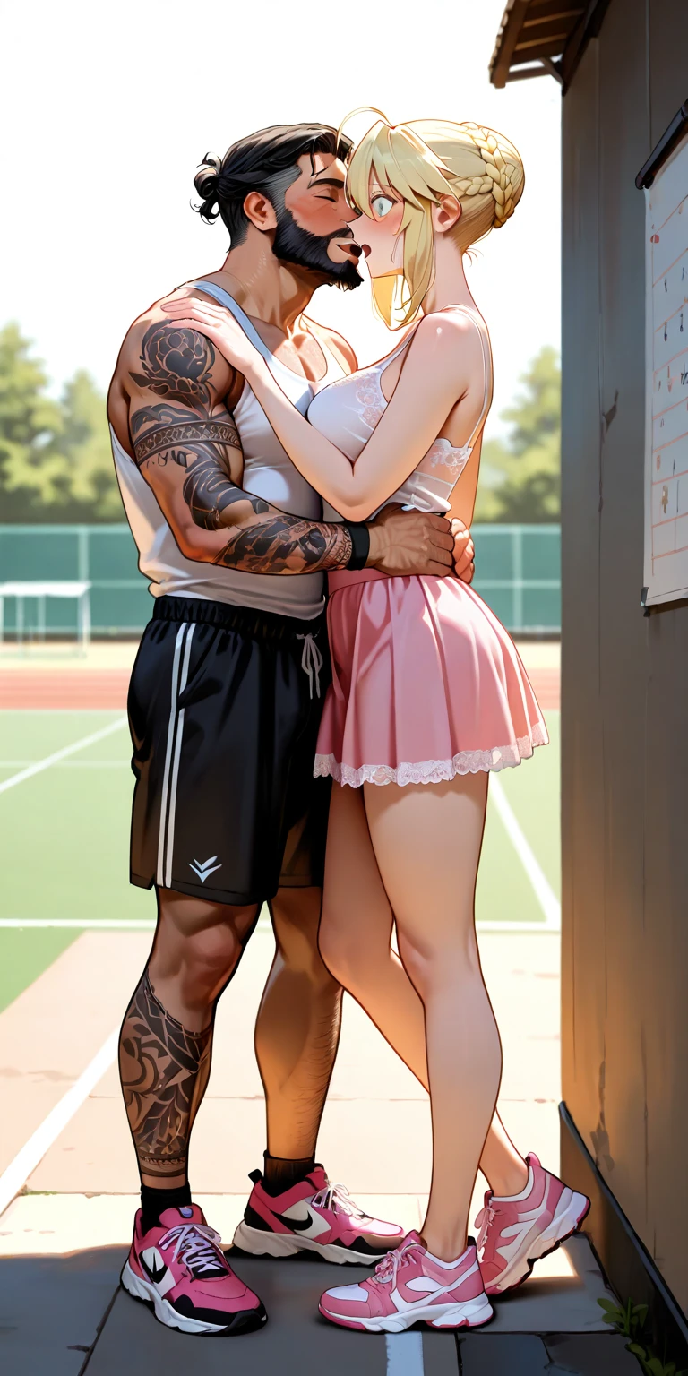 Oil painting in manhwa style, handsome idol Korean hunk with his wife, kissing, full body, wearing sports clothes, mafia, woman wearing swimming dress, bare chest man, tattooed, sitting in basketball court, Best Quality, Film Stills