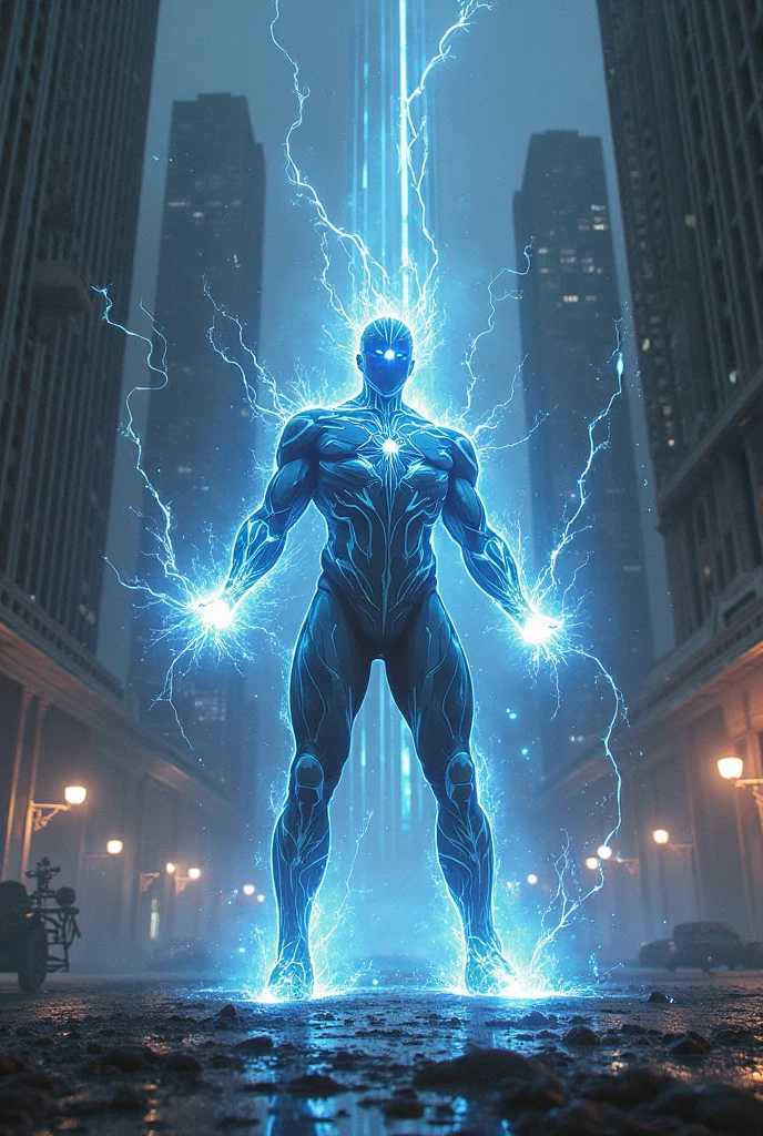 a giant blue glowing man with super power 