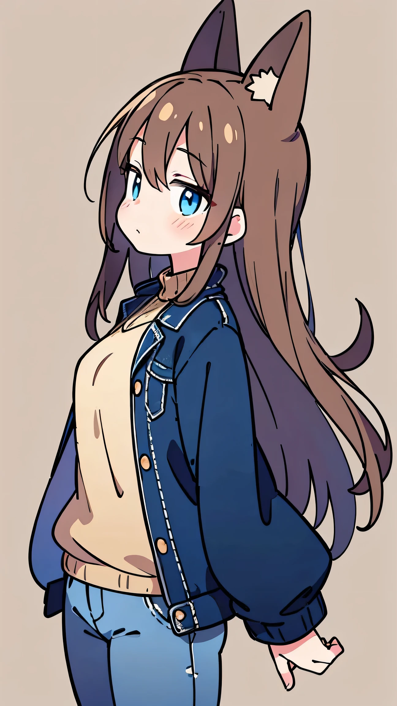 anime style、 cute face、 girls on the left、Fox Ears、brown hair、 blue eyes、 long hair、 Beige Jackets 、jeans、profile