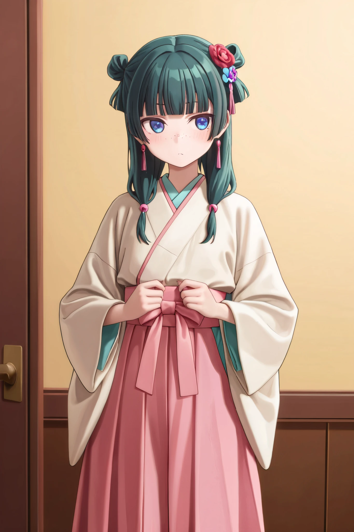 NSFW,masterpiece,Highest quality,high resolution,very detailed,Cat\( one by one person at the drugstore\),long hair、bangs、 blue eyes、hair ornaments close to the garden、 green hair、鈍いbangs、 freckles、 bun hair, single bun, kimono,robe、緑のrobe、 Long Sleeve、wide sleeve 、 skirt、赤い skirt、