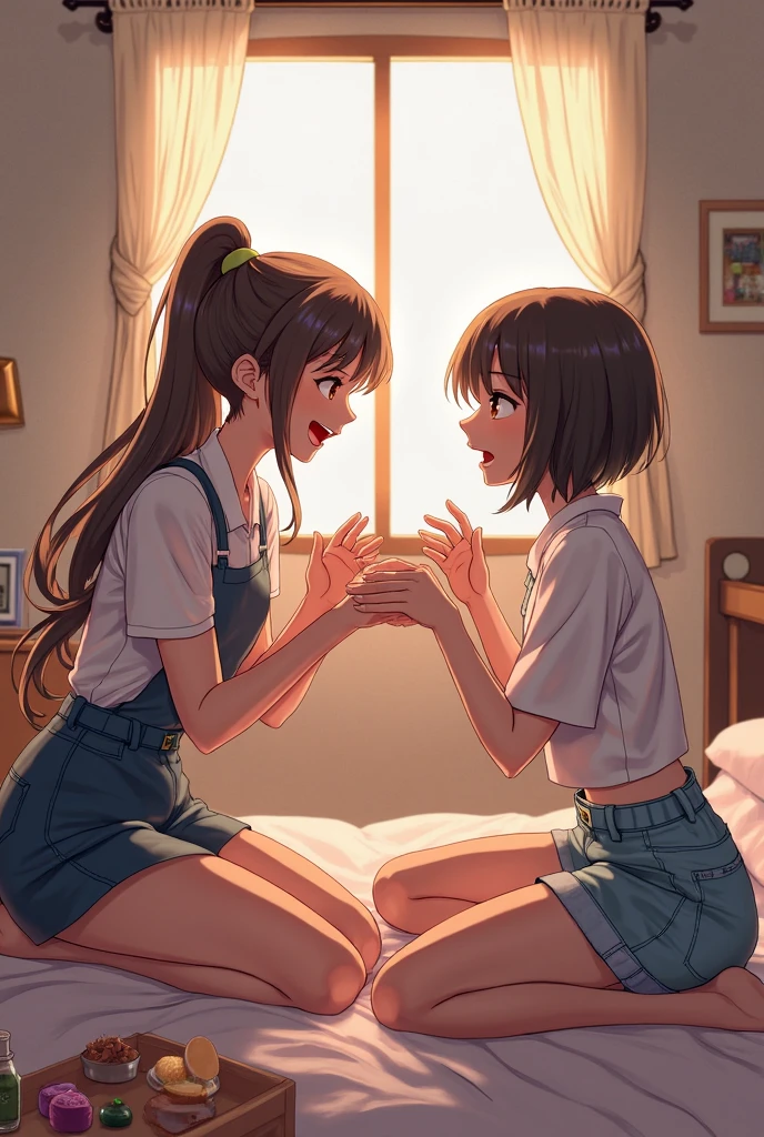 An adult  girl borrowing a necklace from another girl, highlight the necklace more
