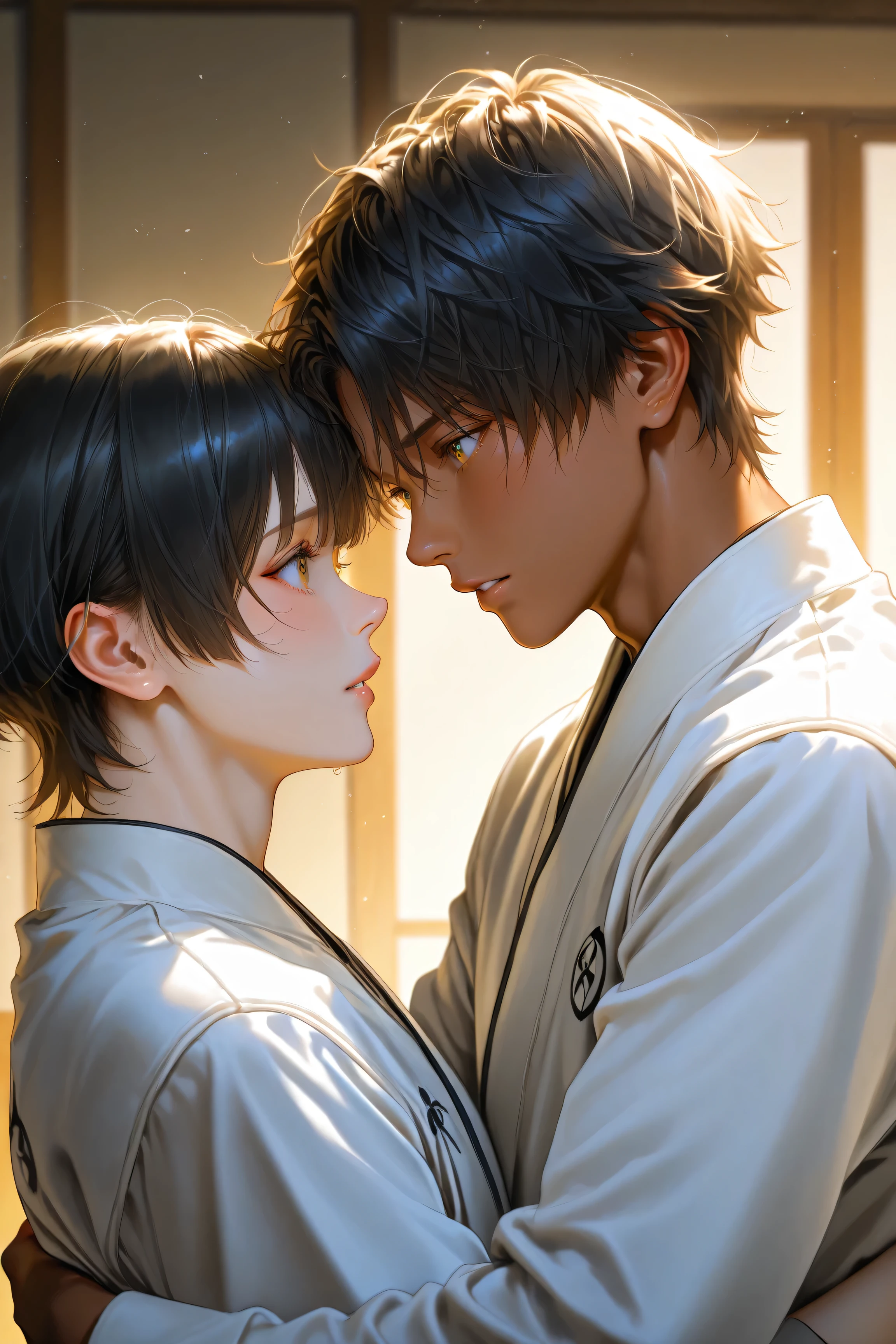 best high quality, black eyes Details, photo realistic, 2 Japanese young boys kiss each other, abs, dark skin, black hair, erecting hard penis bulge, white karate wear, in dojo, naked, uncensored,
