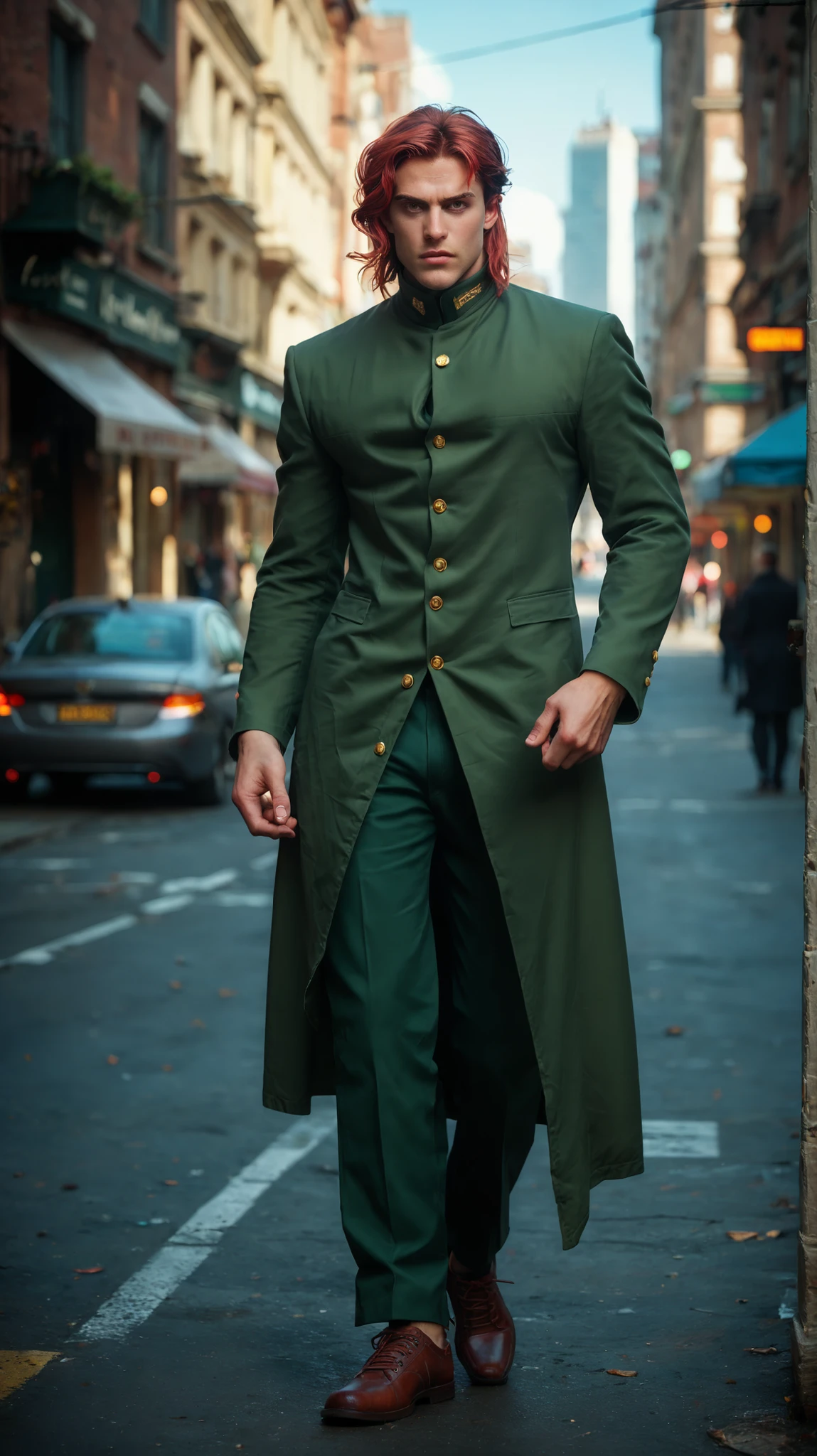 The male character is depicted in a full-body pose, standing confidently with one hand on their hip. They have long, flowing red hair styled in a distinctive manner, with a prominent curl. The character is wearing a dark green, buttoned-up uniform with gold buttons, featuring a high collar and a long coat-like extension. The outfit is complemented by matching green pants and brown shoes. The character's facial features include sharp eyes and a determined expression.city as background