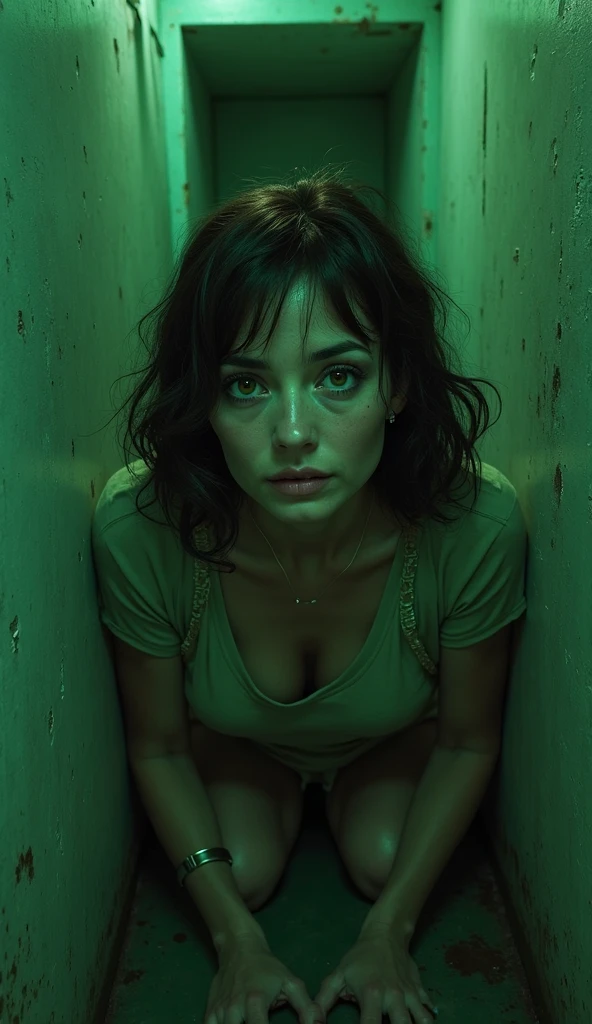 An 18yo Russian teen girl wearing a prison uniform crawling out of a sewer pipe. Cleavage showing through unbuttoned shirt