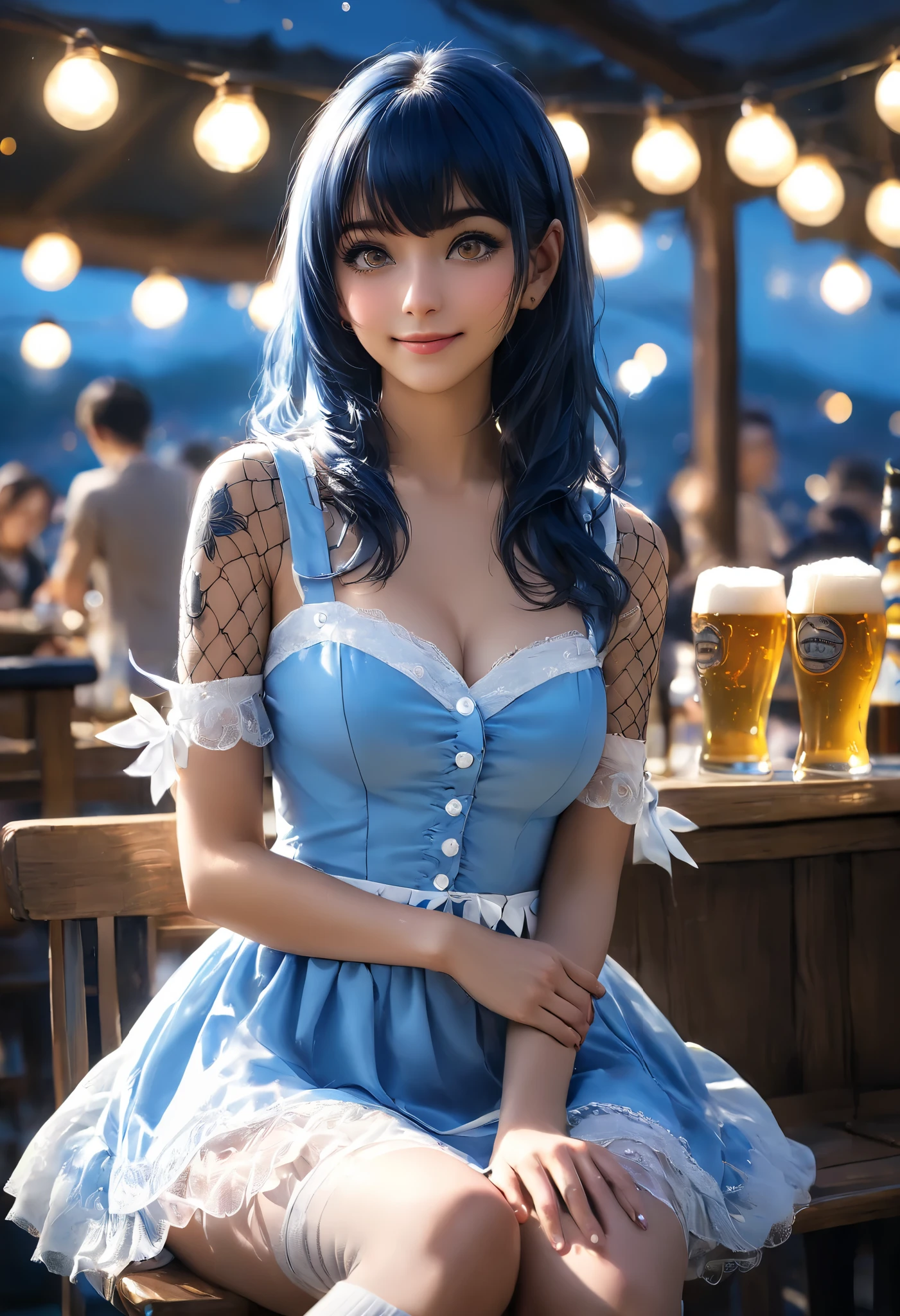 (Anime:1.4), (masterpiece), woman, alone, sensual pose, in a tight dress, fishnet stockings (nsfw:0.55), (intense colors) blue hair, yellow eyes, Bangs, sensual smile, beer, perfect belly, new school tattoos, depth of field, background blur, cinematic lighting, detailed background of night, (beautiful and delicate rendering of eyes), highly detailed, high resolution, super detailed, (wearing: white unbuttoned dress, white panties, white socks)