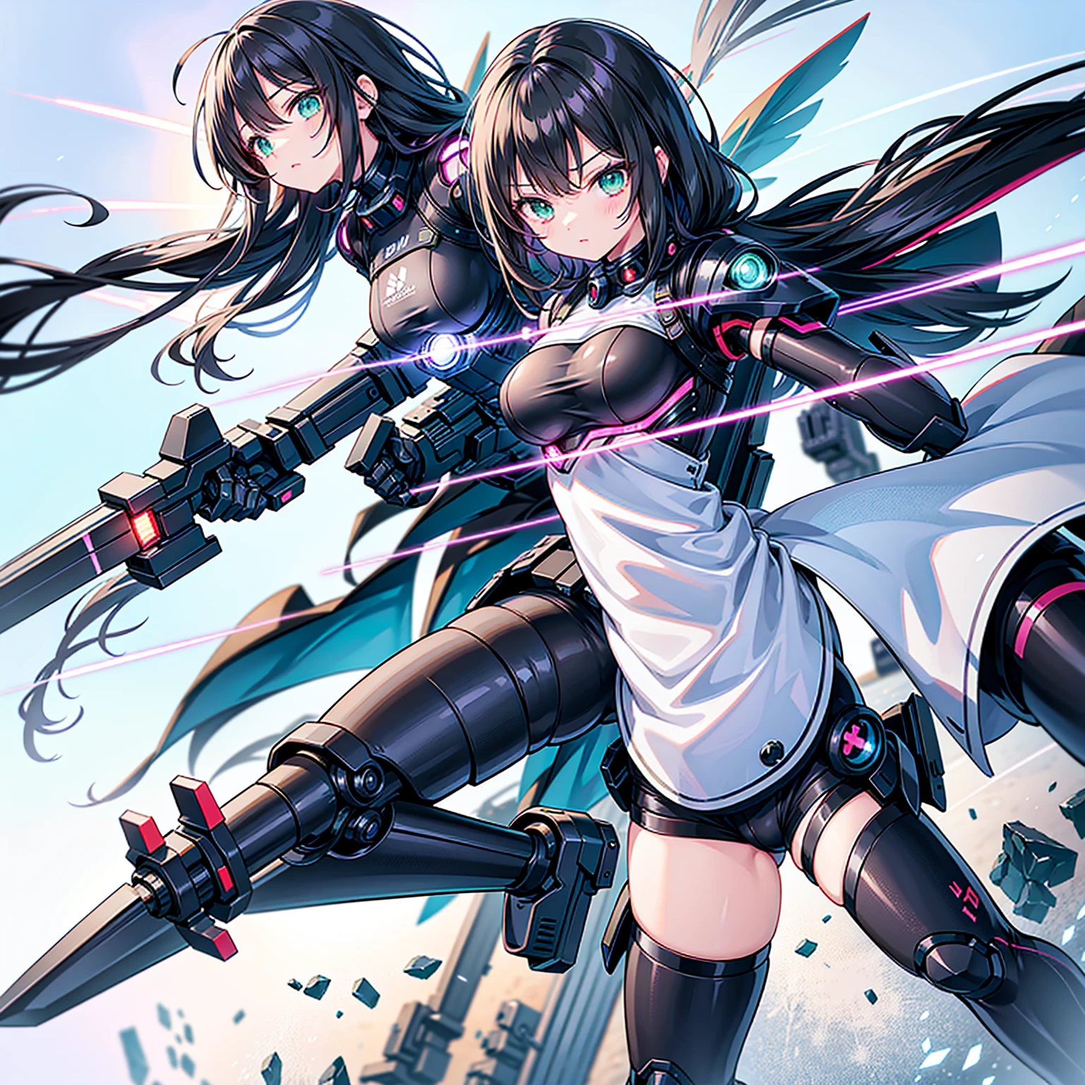 Highest quality, absurdres, masterpiece, very precise detailed, happy, BREAK, (transcendent beautiful multiple girls:1.5), BREAK, (exoskeleton leotard), (black mini skirt), (group shot:1.5), (machine made joints, machanical limbs:1.4), five fingers, (bare shoulders and armpits), Absolute area, dynamic angle,