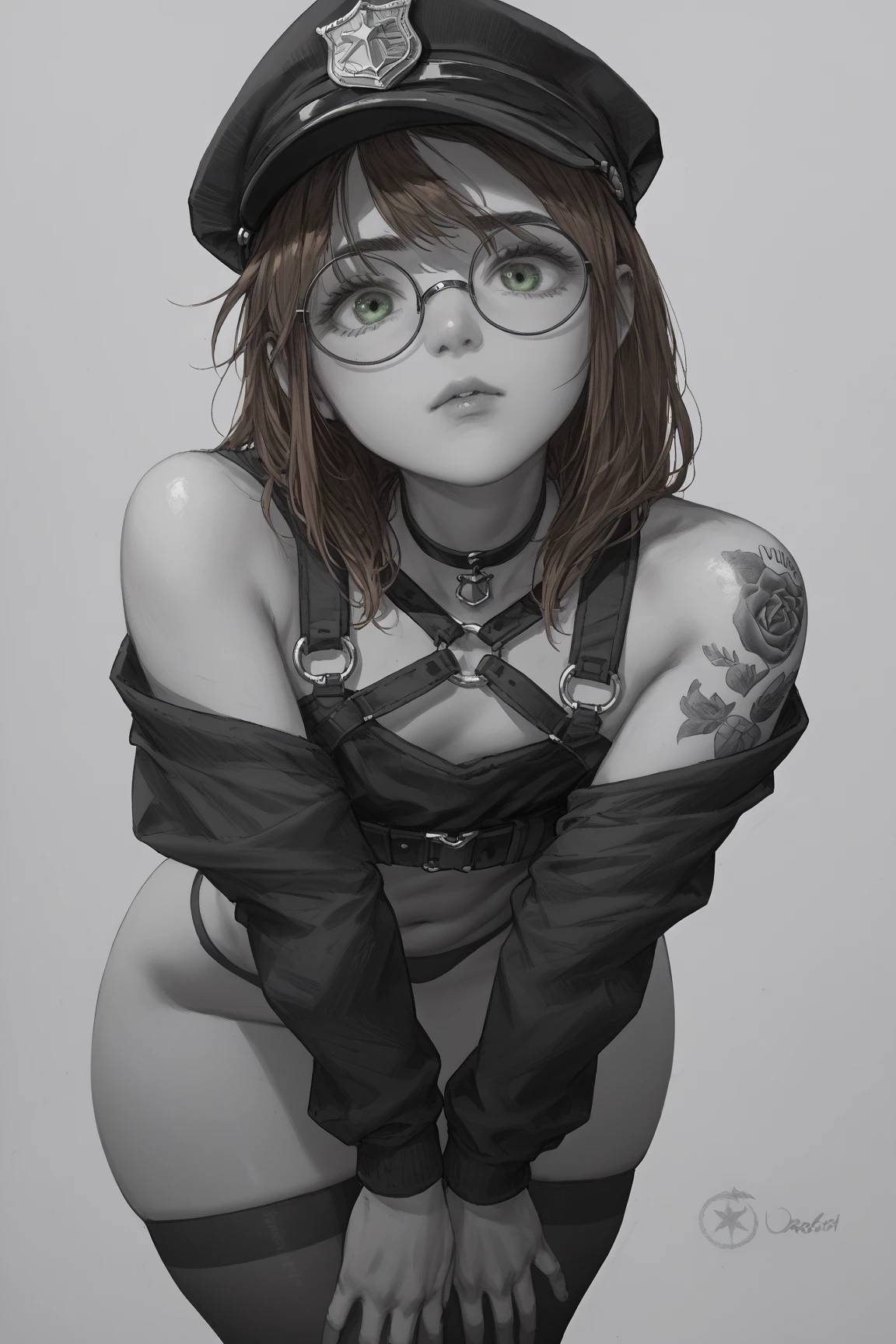 girl, facing the viewer, black and white, harajuku short hair, glasses, funky accessories, collar, sporty style, nude, naked, nipples, small breast size, confident gaze, monochrome color scheme, looking to the side, sensual pose, naugthy expression, head,((a person)),cat ears headset, hairpin, open legs, sweating body, body full of cum, pee, cum on crotch