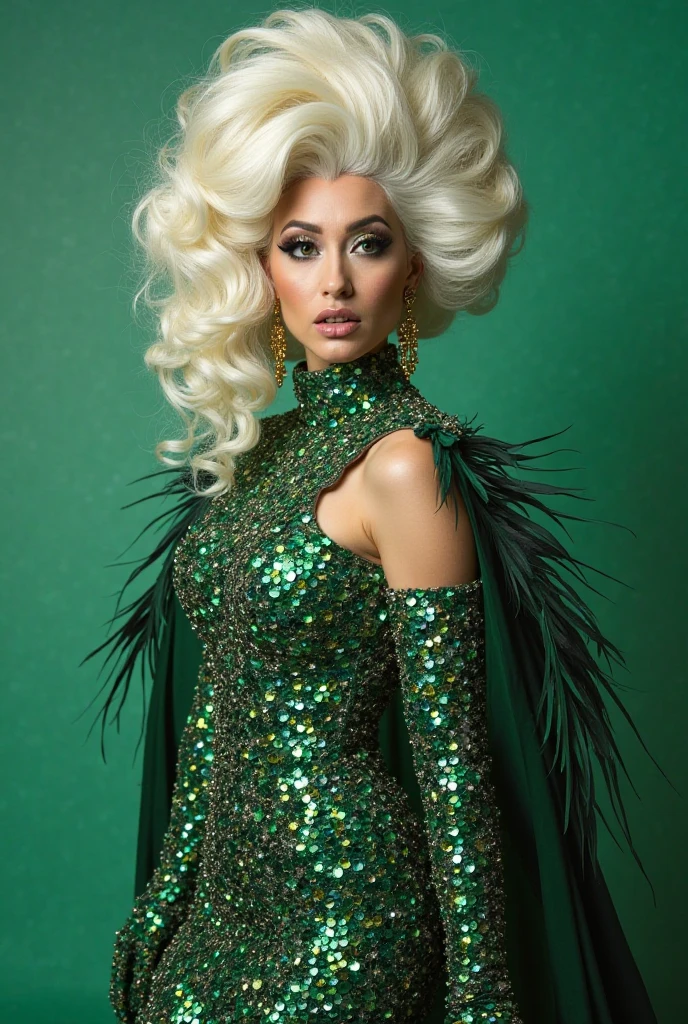 Create a real photo of the best drag queen eye-catching Haute Couture and make it a unique outfit with a suit full of shiny details and large green sleeves of the body and that her hair is young-looking blonde and that her suit is full of life the background with details and that her makeup is perfect and as real as possible the background that is full of details a studio photograph full of quality