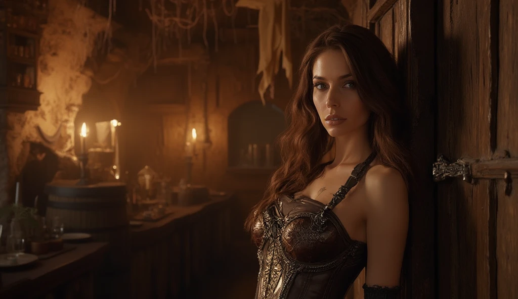 diselpunk style clean and tidy kitchen, environmental wide angle shot, action shot, dieselpunk costumes, cracked porcelain skin, brunette woman, Megan Fox, vibrant, photorealistic, realistic, dramatic, dark, sharp focus, 8k