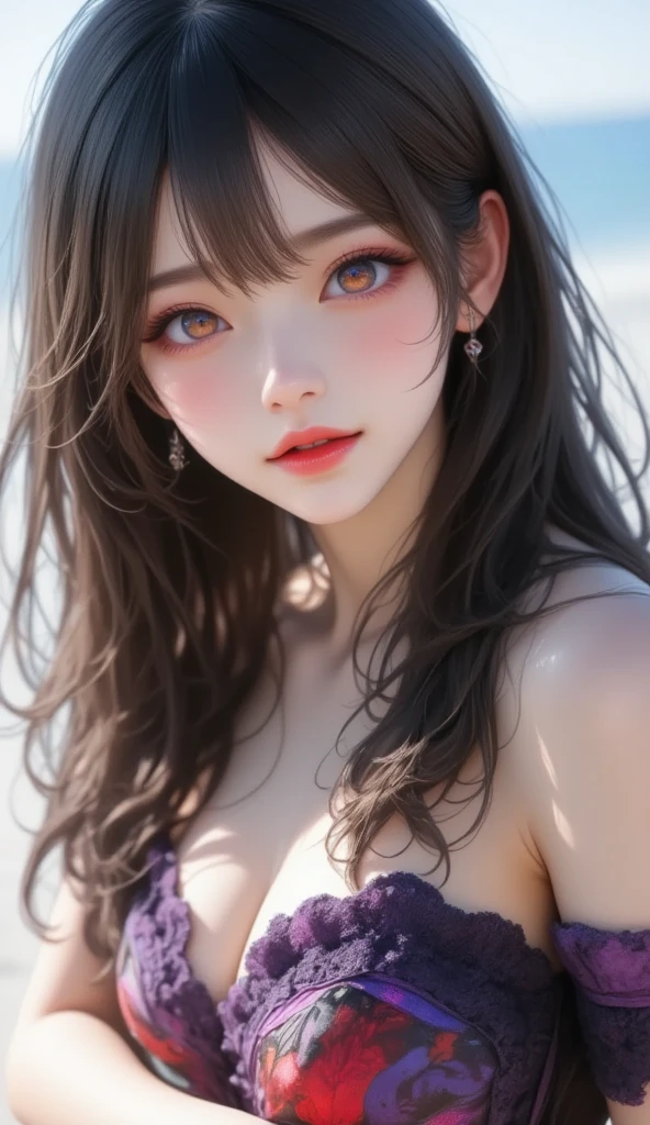 (masterpiece:1.2, highest quality), (realistic, photorealistic:1.4), beautiful illustrations, (natural side lighting, movie lighting), looking at the viewer, Upper body, (Front view), 1 girl, perfect face, Cute symmetrical face, shiny skin, baby face, long eyelashes, (huge breasts), (wide hips),beautiful hair, beautiful face, fine and beautiful eyes, beautiful body, beautiful breasts, beautiful thighs,beautiful feet,beautiful fingers,(beautiful scenery),(perfect bodyline),(cute smile:1.2, upper grade),((red,Long Hairstyles:1.3)),Dark eyeshadow,(((4K,so beautiful,In detail,Red eyes))),Bright red lipstick,Beautiful and delicate hair,(choker),(black micro bikini:1.5),seaside,