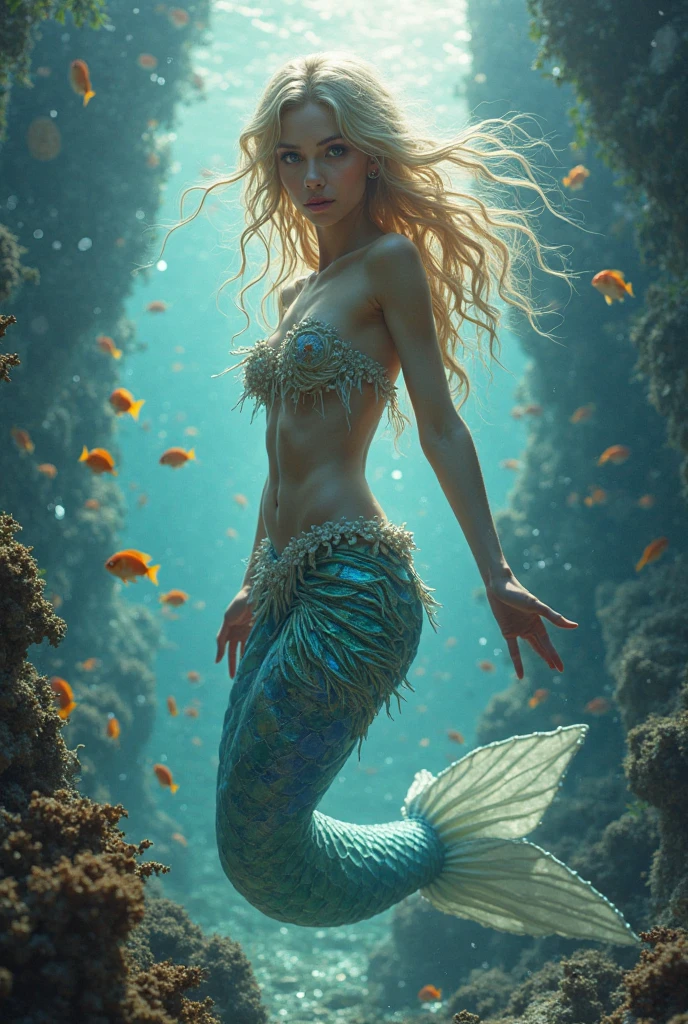 A young female mermaid diving in the deep blue sea. She is a yellow color mermaid with a beauty inside. She is not shy to show her private things and seduce the viewer.