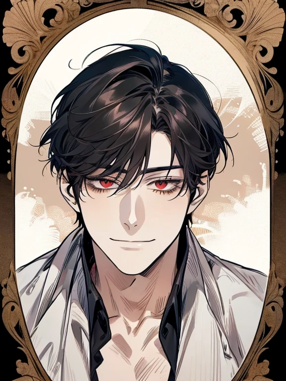 Create a close-up anime image of a yandere guy. He has long, disheveled black hair, large, sparkling eyes filled with a crazy light, pupils slightly constricted. He is dressed in classic Japanese clothing, a white shirt that has a few bloodstains on it. He has a dangerously tantalizing figure. He holds a bloody knife in his hand, his face has a creepy and maniacal smile on it, his mouth unnaturally wide and curved. In the background is a dimly lit torture room with bloodstains and graffiti on the walls. Broken books and shards of glass lie on the floor, creating an ominous and frightening atmosphere. He should seem possessed to the viewer, his eyes should be fixed on him with an expression of dangerous devotion and possessiveness. The image should be highly detailed, a masterpiece with excellent lighting and the best quality.