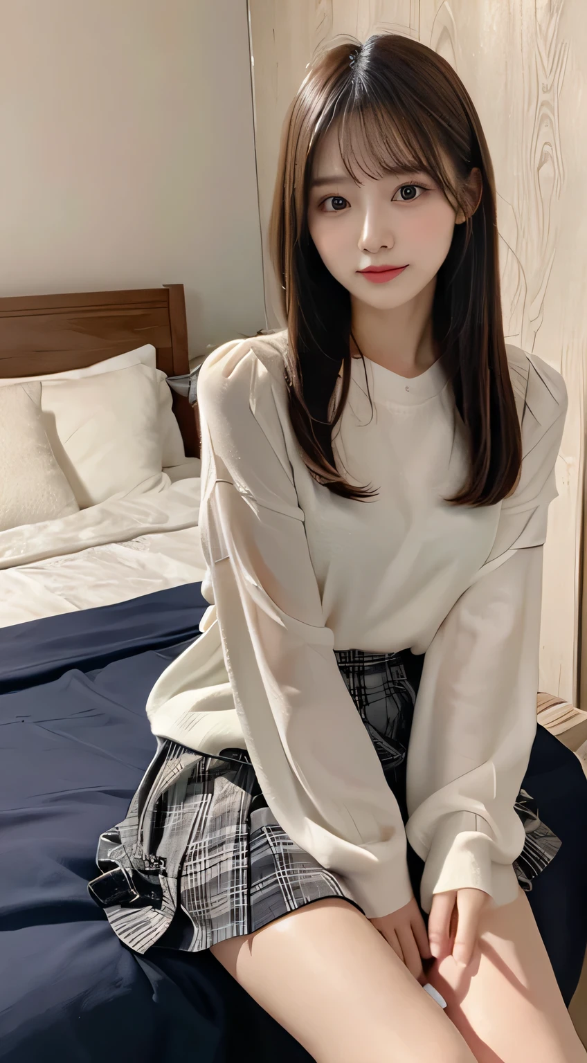 cute girl、 8K images 、 cute face、 straight hair、 Tiered Skirt、tunic,bedroom、 bed、sit
