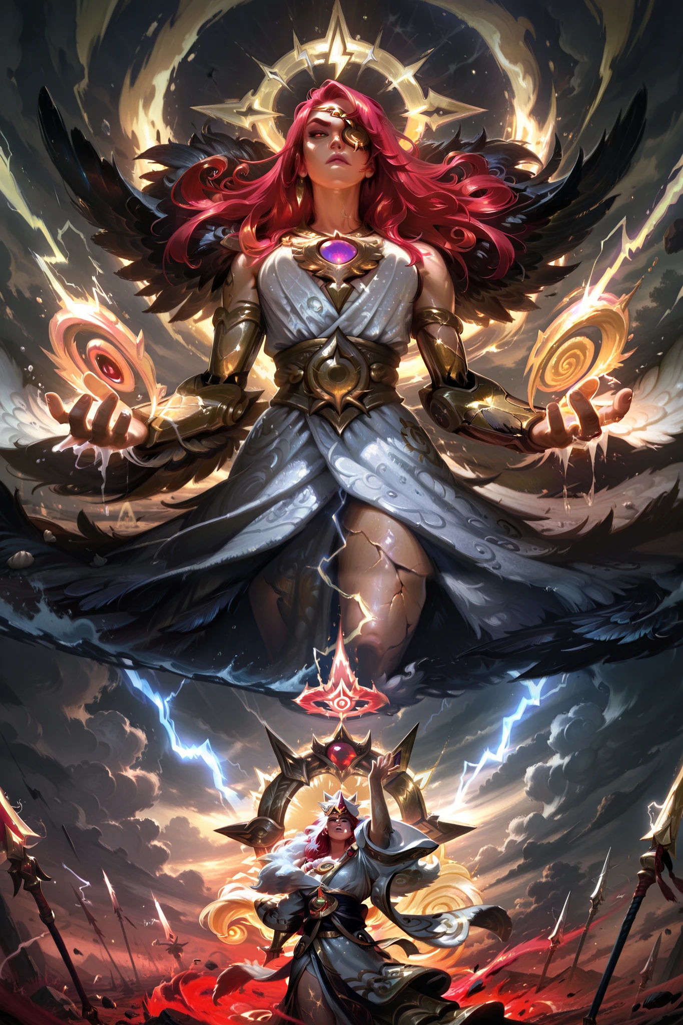 masterwork, masterpiece, best quality, dynamic lighting, game poster, 5 figures, Zeus with white hair, lightning bolt, gold crown, white toga, Odin with eyepatch, raven feathers, Gungnir spear, cybernetic arm, Thor with red hair, Mjölnir hammer, fur cape, silver armor, Amaterasu with gold kimono, Yata no Kagami mirror, radiant halo, Aphrodite with golden hair, seashell crown, white dress, rose, stormy battlefield, cracked earth, swirling clouds, glowing runes, epic clash, dramatic poses.